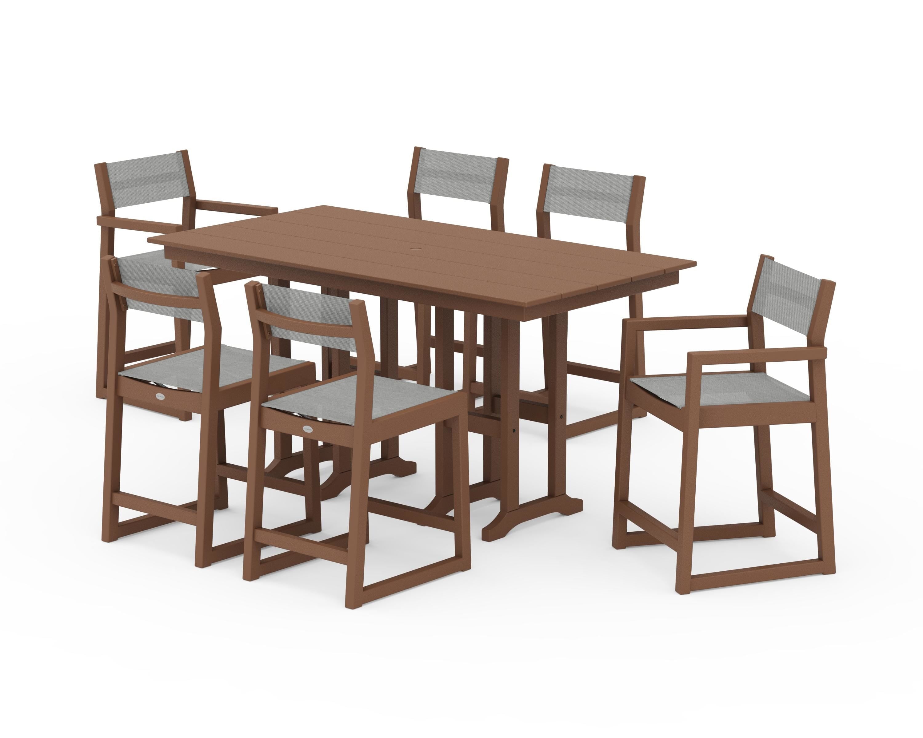 POLYWOOD EDGE Sling 7-Piece Farmhouse Counter Set with Trestle Legs in Teak / Metallic Sling