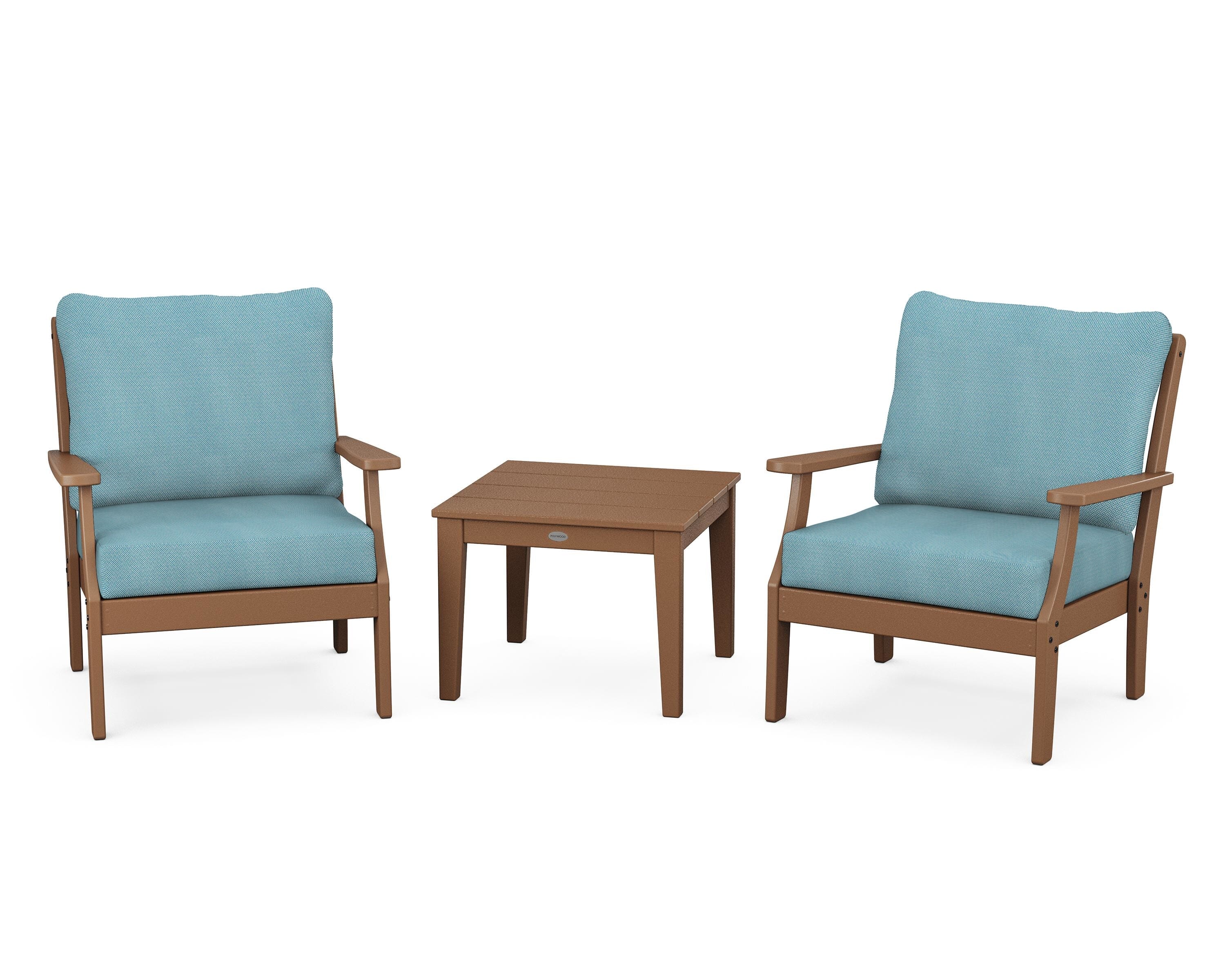 POLYWOOD Braxton 3-Piece Deep Seating Set in Teak / Lattice Sky Blue