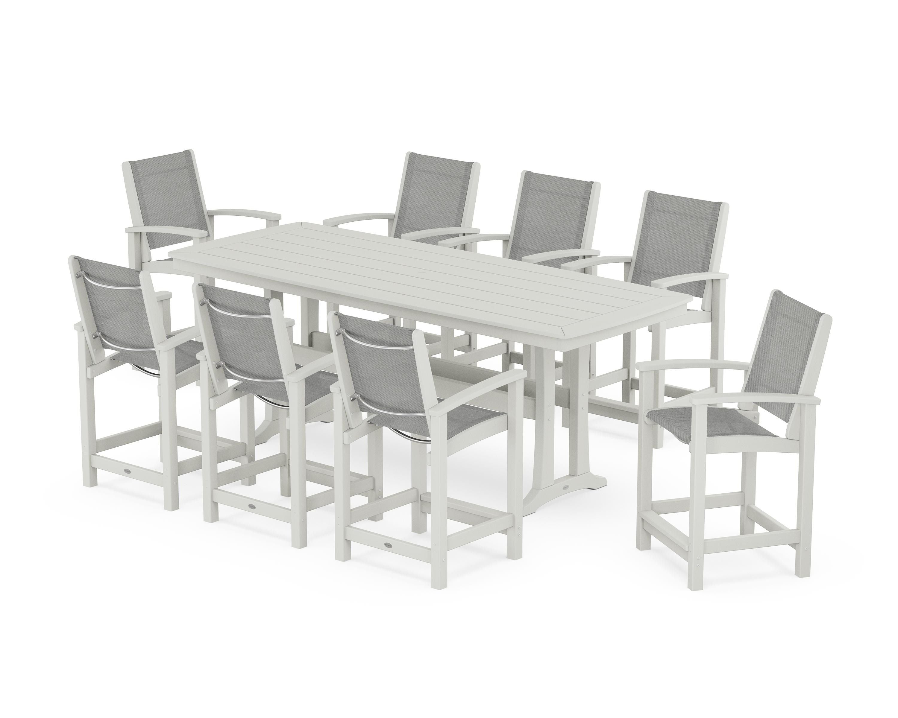POLYWOOD Coastal 9-Piece Counter Set with Trestle Legs in Vintage White / Metallic Sling