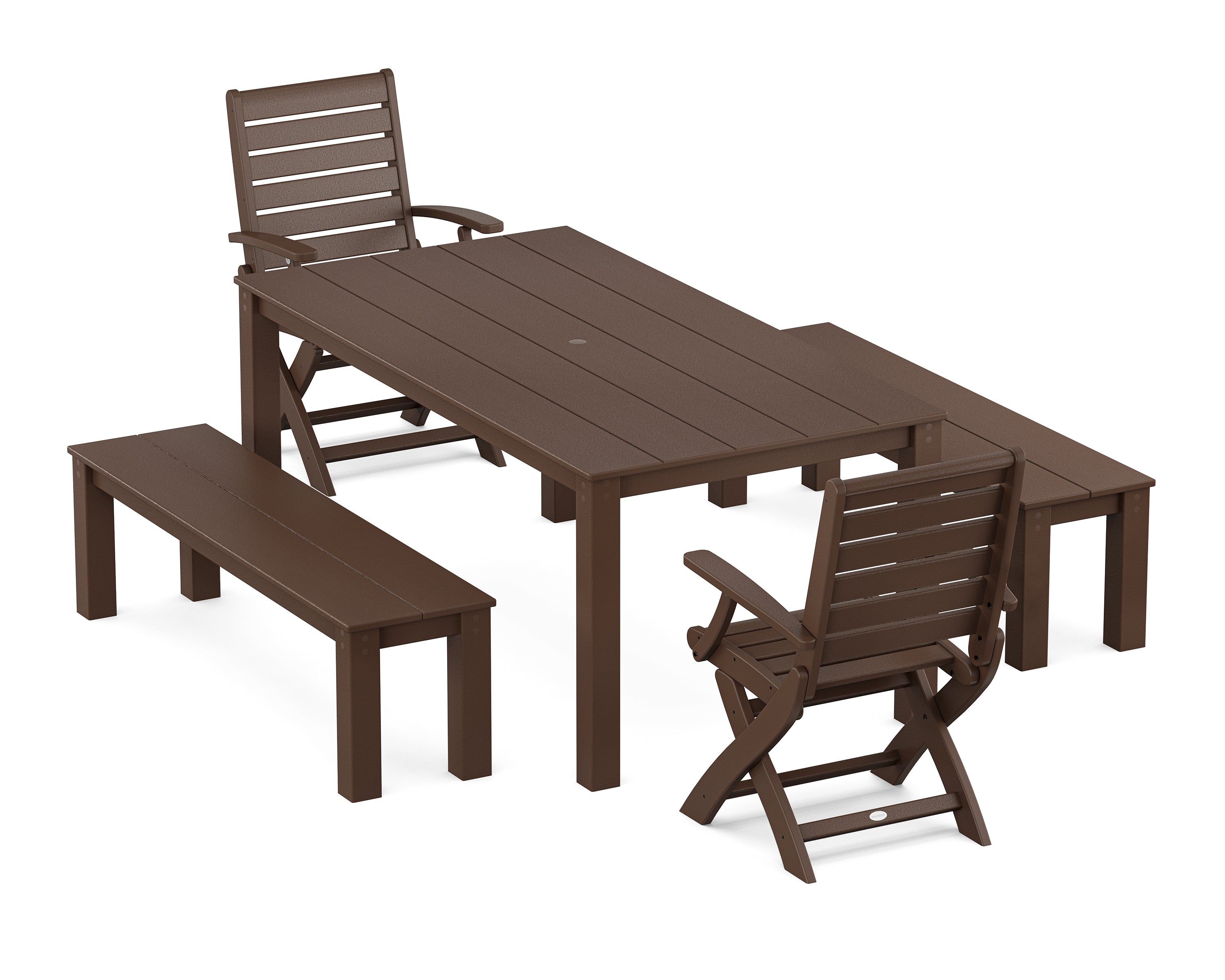 POLYWOOD Signature Folding Chair 5-Piece Parsons Dining Set with Benches in Mahogany