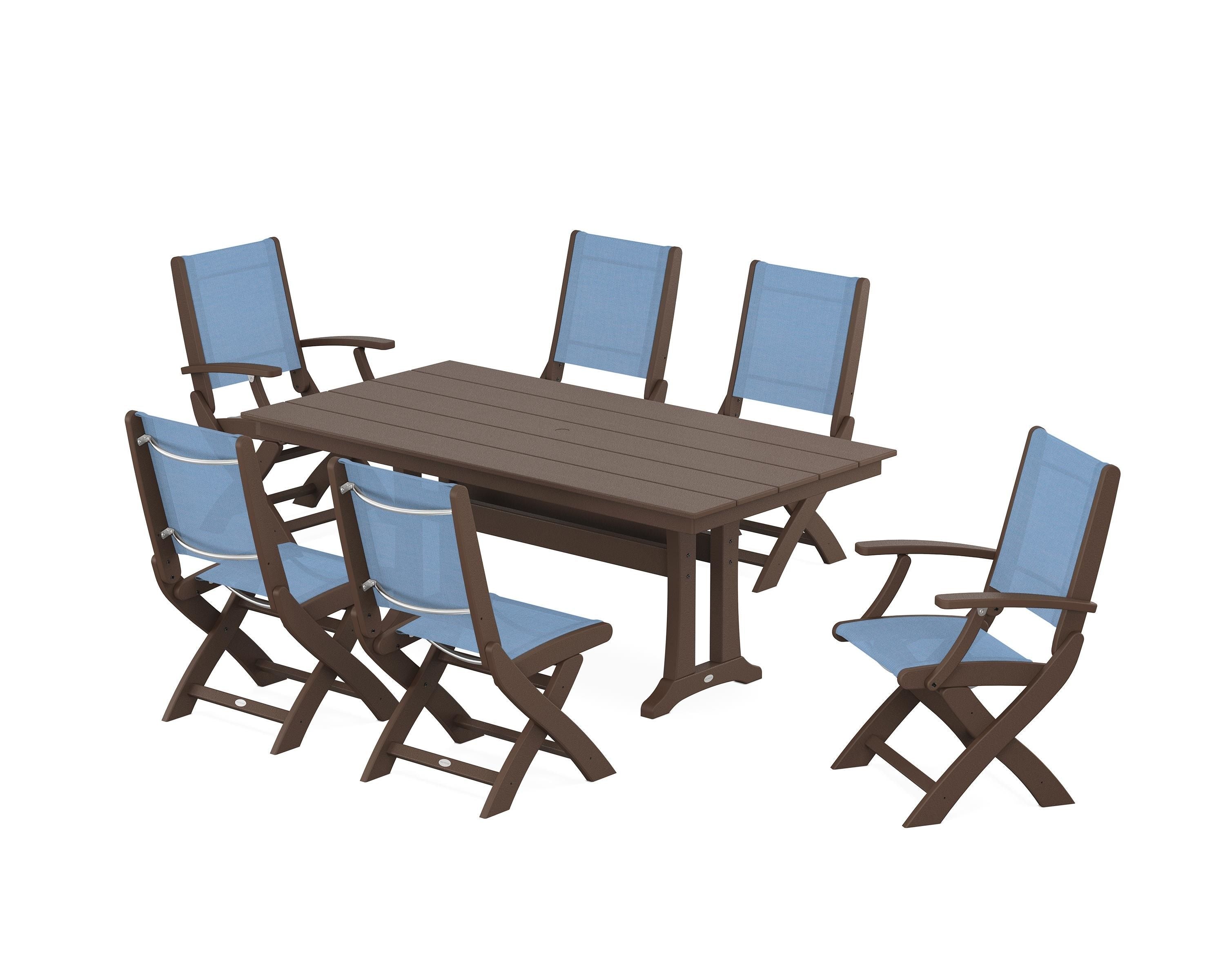 POLYWOOD Coastal Folding Chair 7-Piece Farmhouse Dining Set with Trestle Legs in Mahogany / Poolside Sling