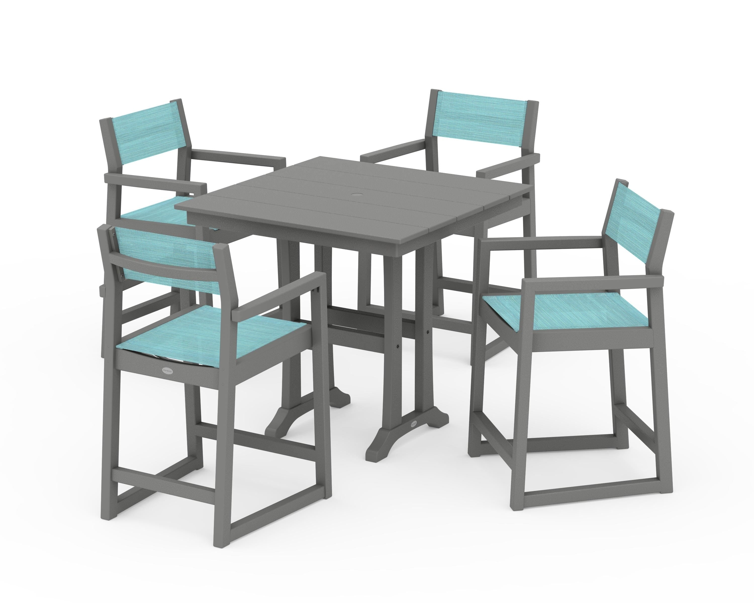 POLYWOOD EDGE Sling Arm Chair 5-Piece Farmhouse Counter Set with Trestle Legs in Slate Grey / Dupioni Aquamarine Sling