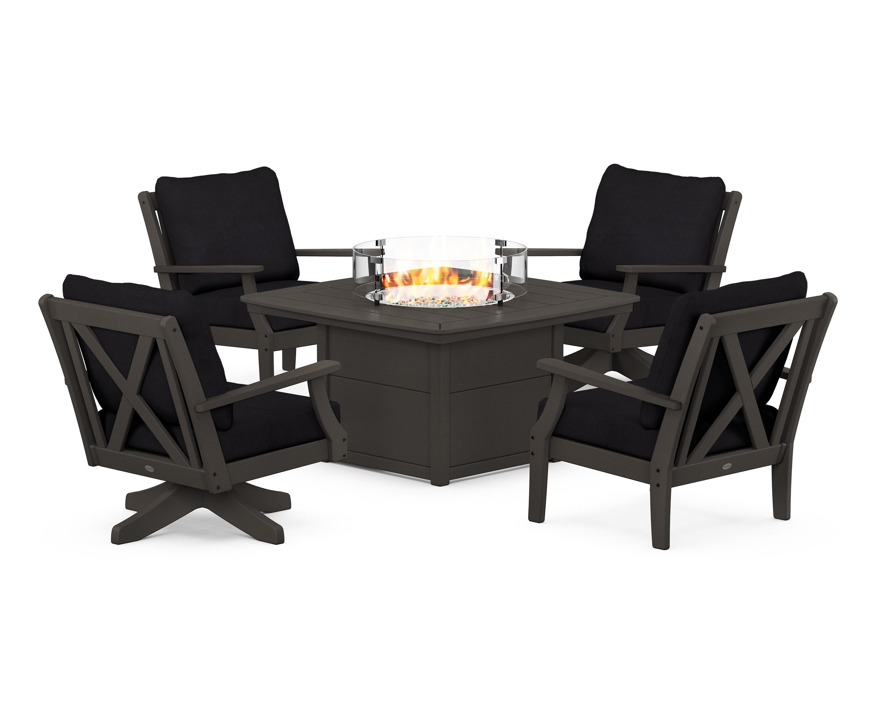 POLYWOOD Braxton 5-Piece Deep Seating Set with Fire Table in Vintage Coffee / Midnight Linen