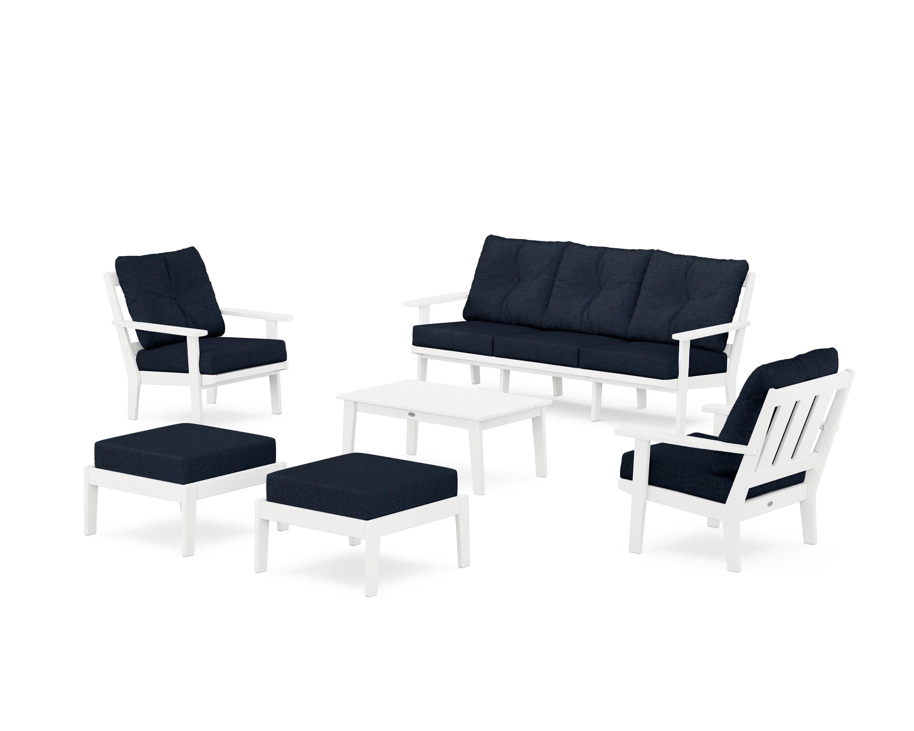 POLYWOOD Oxford 6-Piece Lounge Sofa Set in White / Marine Indigo
