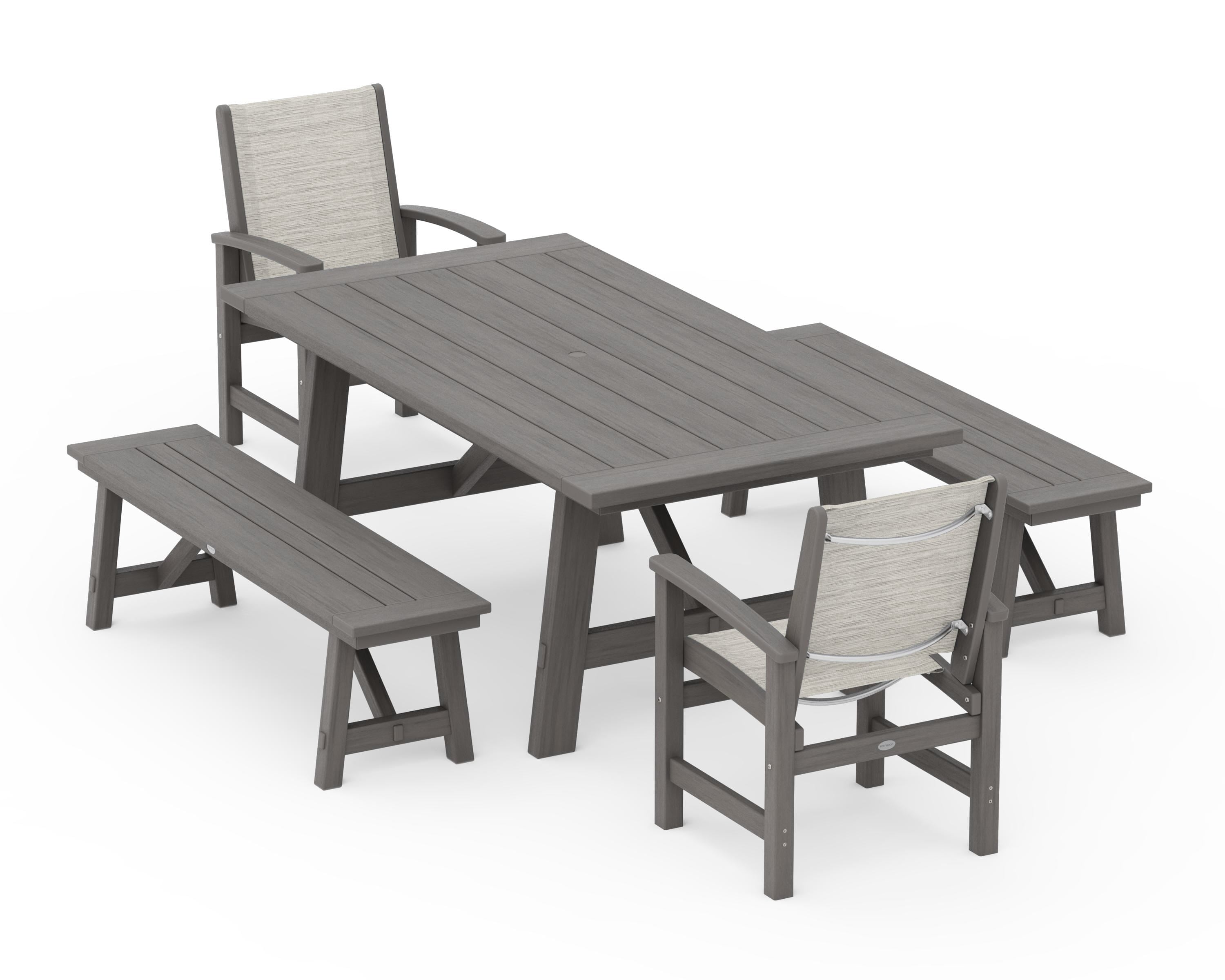 POLYWOOD Coastal 5-Piece Rustic Farmhouse Dining Set With Benches in Driftwood / Birch Sling