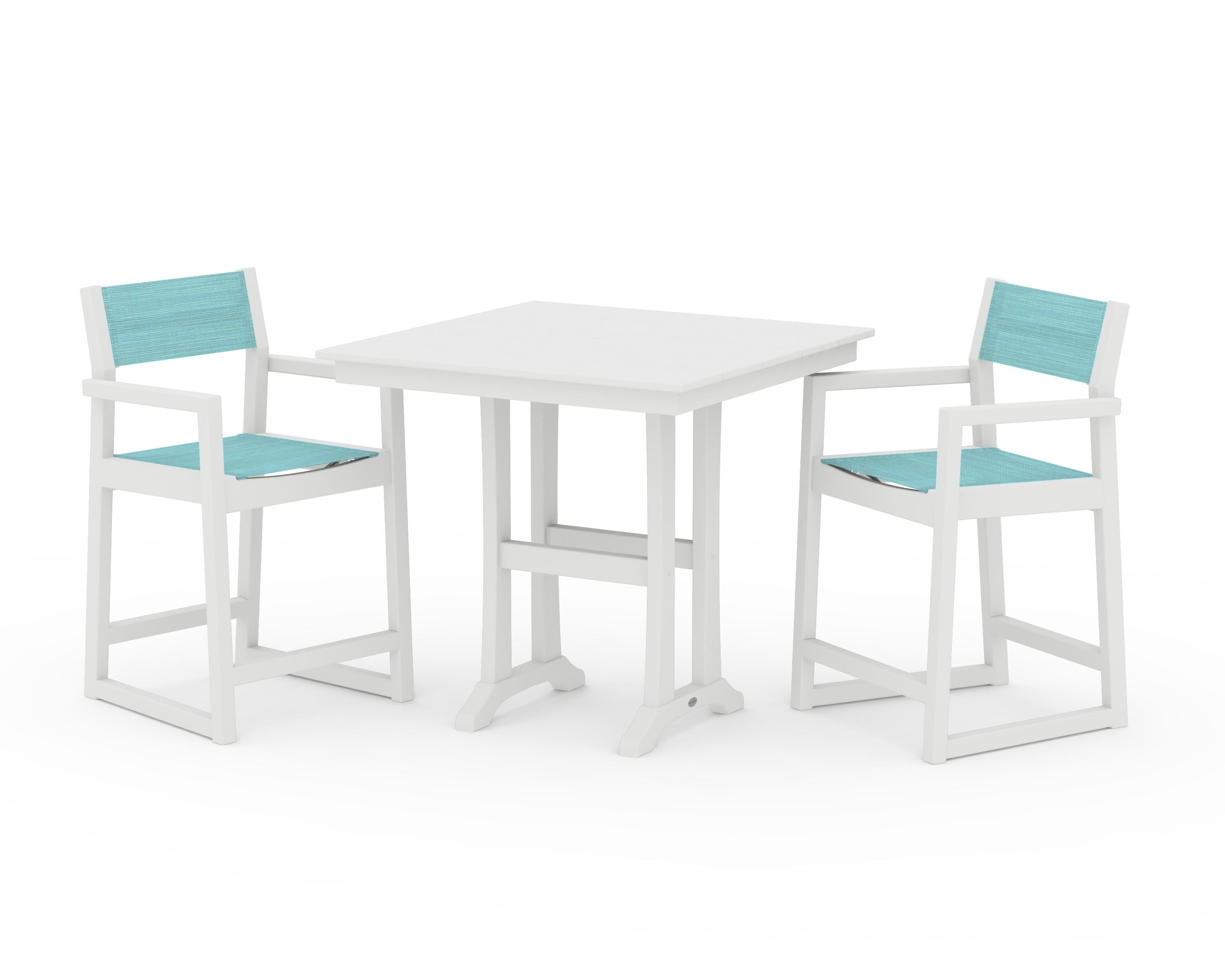 POLYWOOD EDGE Sling Arm Chair 3-Piece Farmhouse Counter Set with Trestle Legs in White / Dupioni Aquamarine Sling