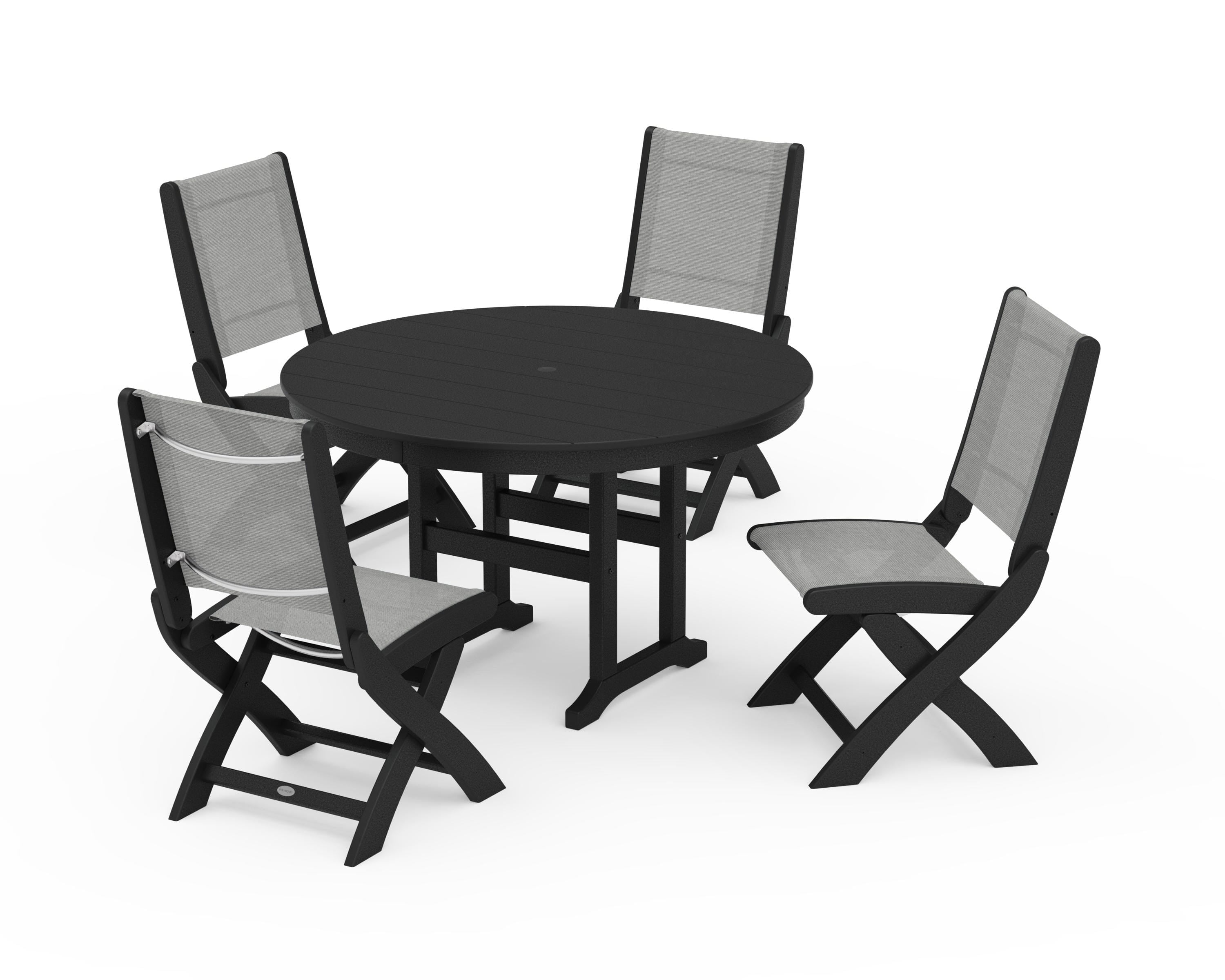 POLYWOOD Coastal Folding Side Chair 5-Piece Round Dining Set in Black / Metallic Sling