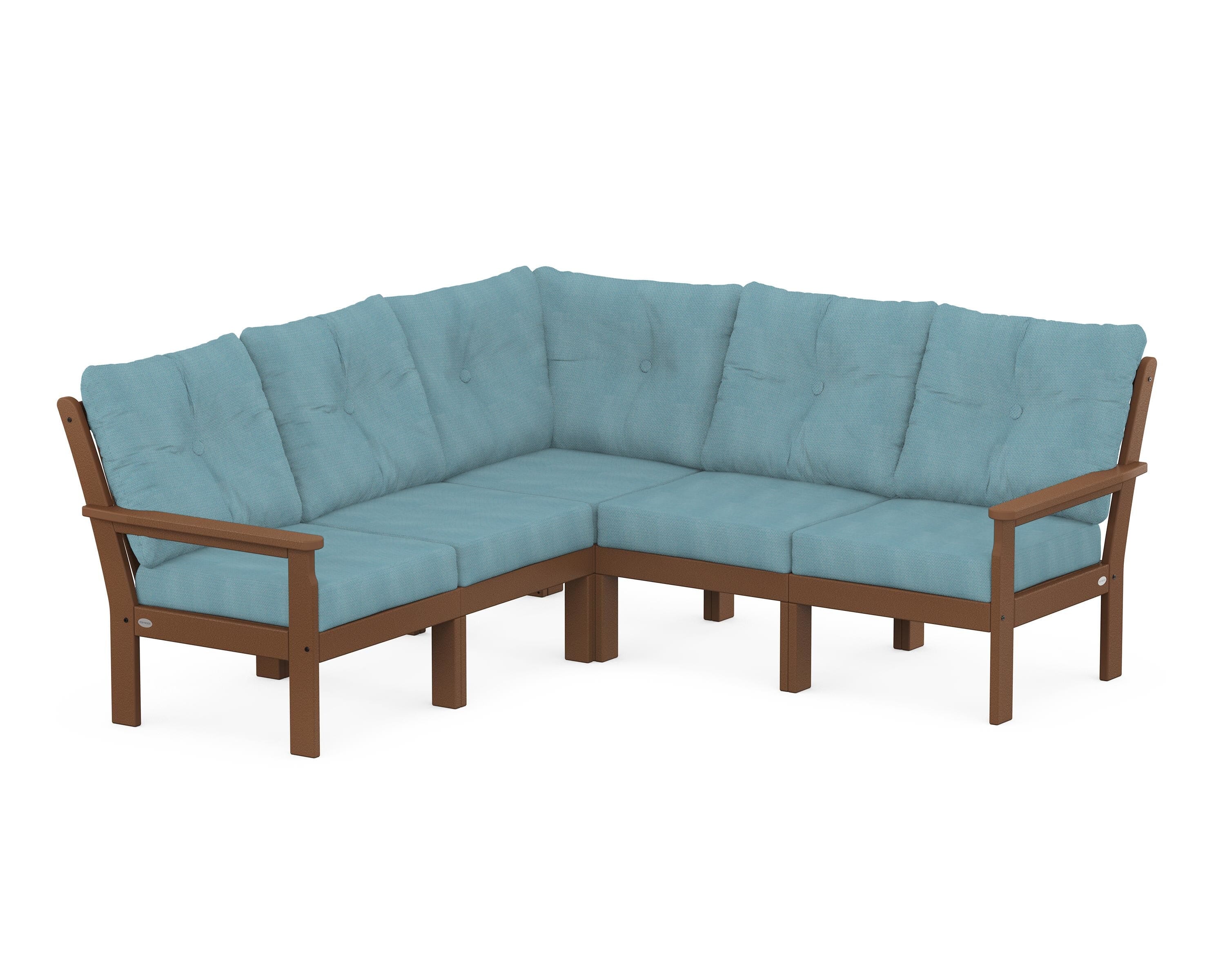POLYWOOD Vineyard 5-Piece Sectional in Teak / Lattice Sky Blue