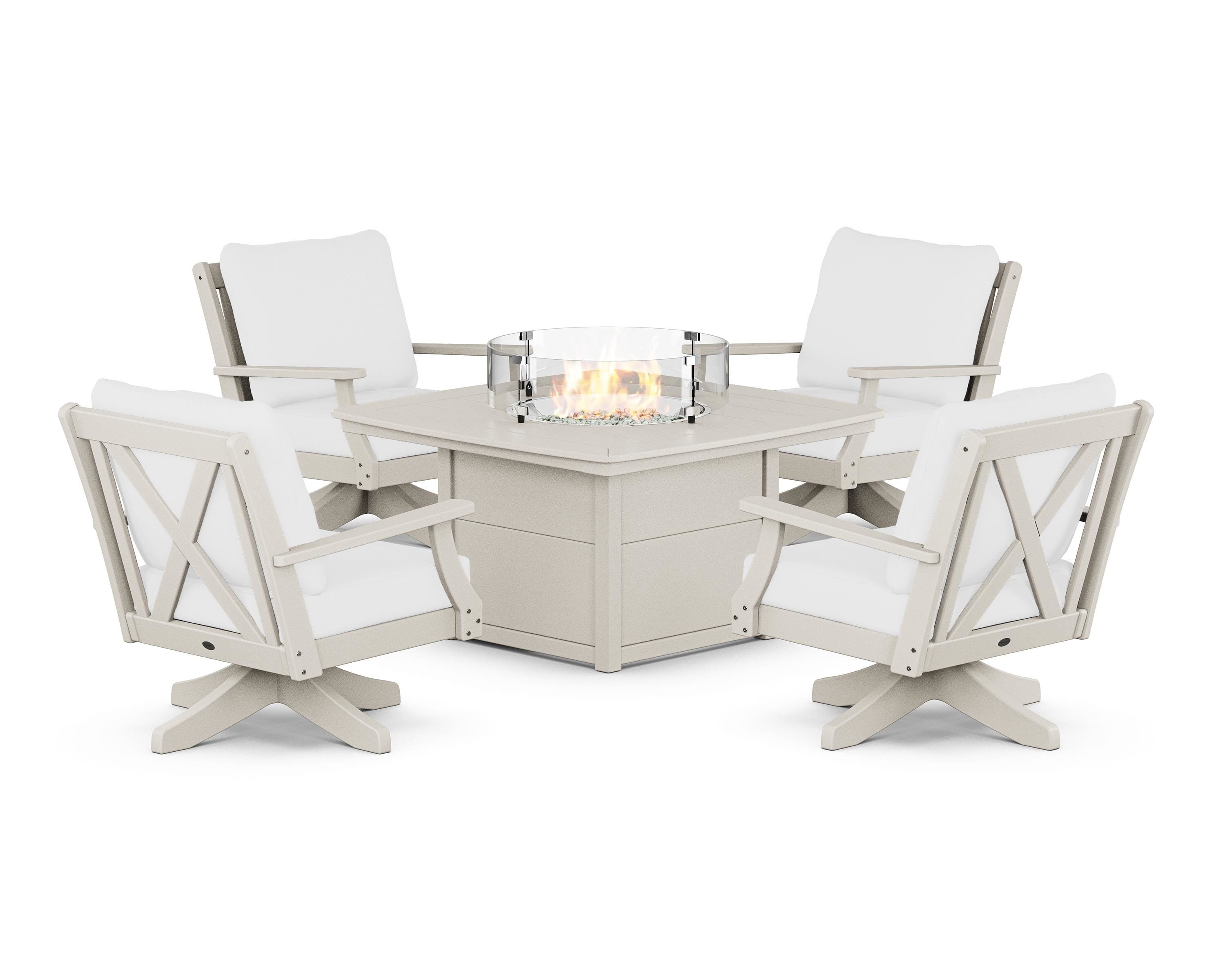 POLYWOOD Braxton 5-Piece Deep Seating Swivel Conversation Set with Fire Pit Table in Sand / Natural