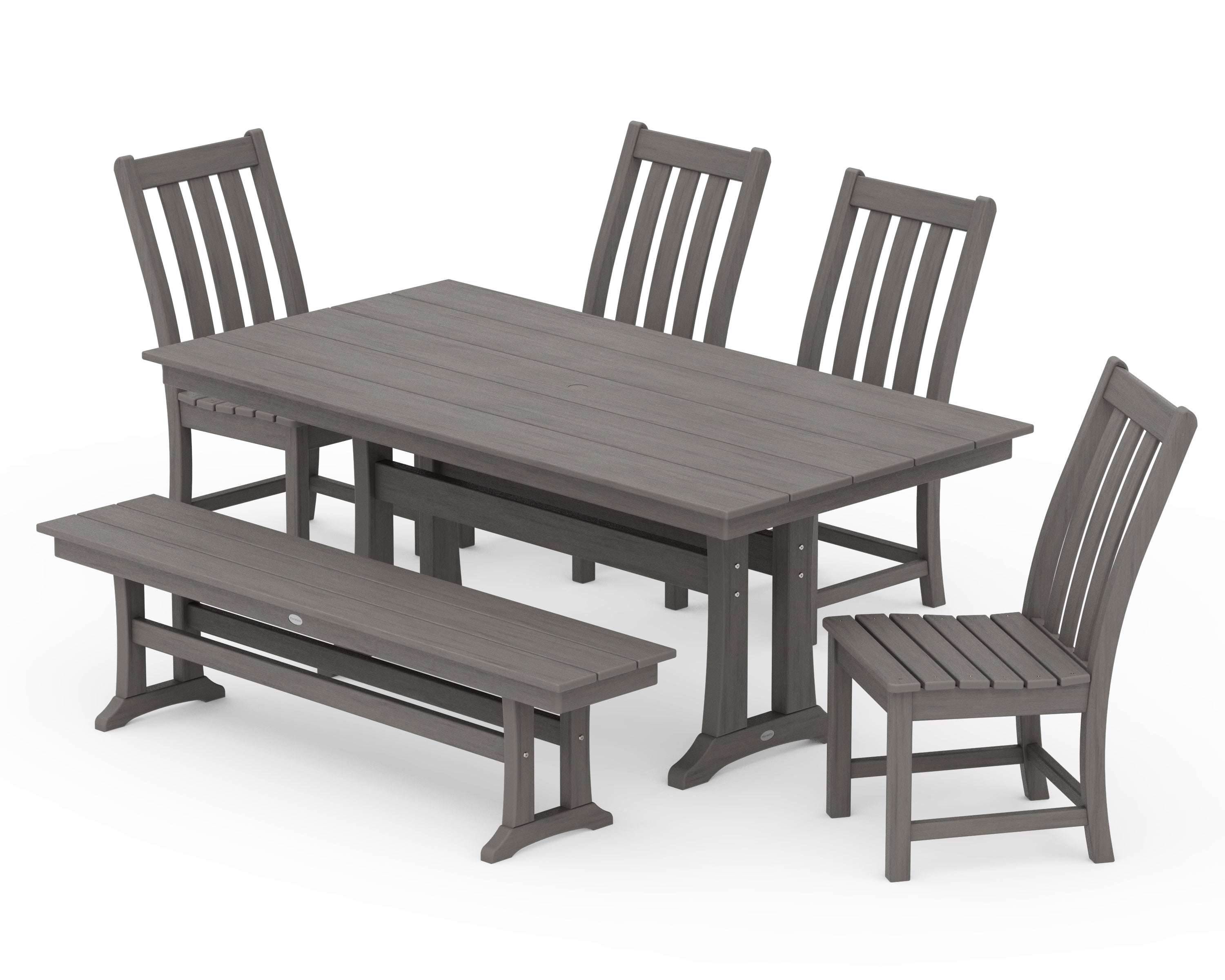 POLYWOOD Vineyard Side Chair 6-Piece Farmhouse Dining Set with Trestle Legs and Bench in Driftwood