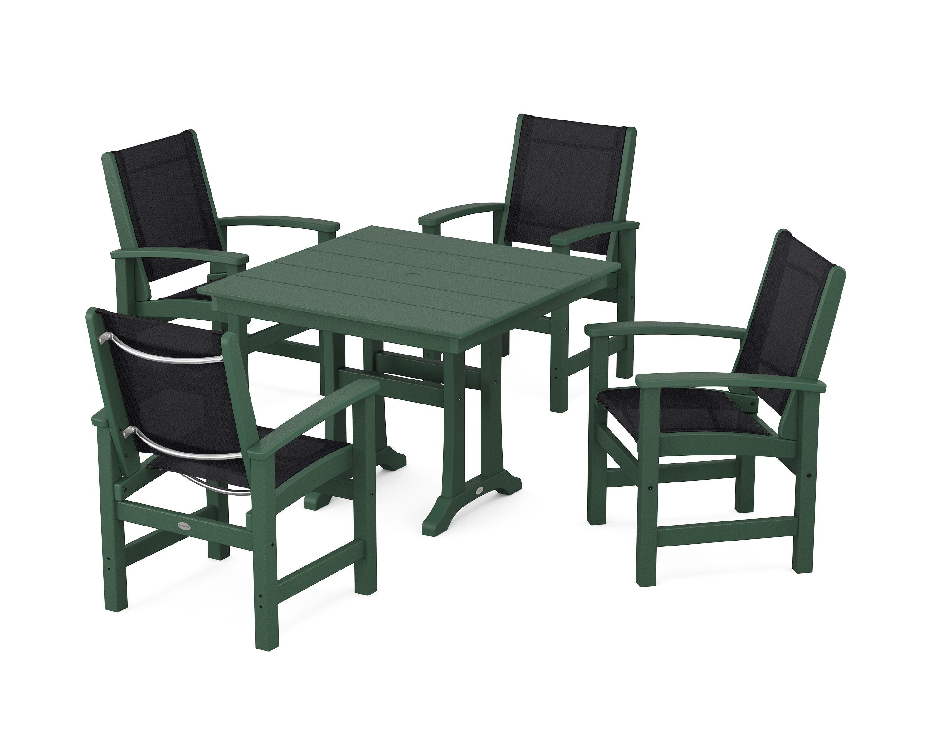POLYWOOD Coastal 5-Piece Farmhouse Dining Set With Trestle Legs in Green / Black Sling
