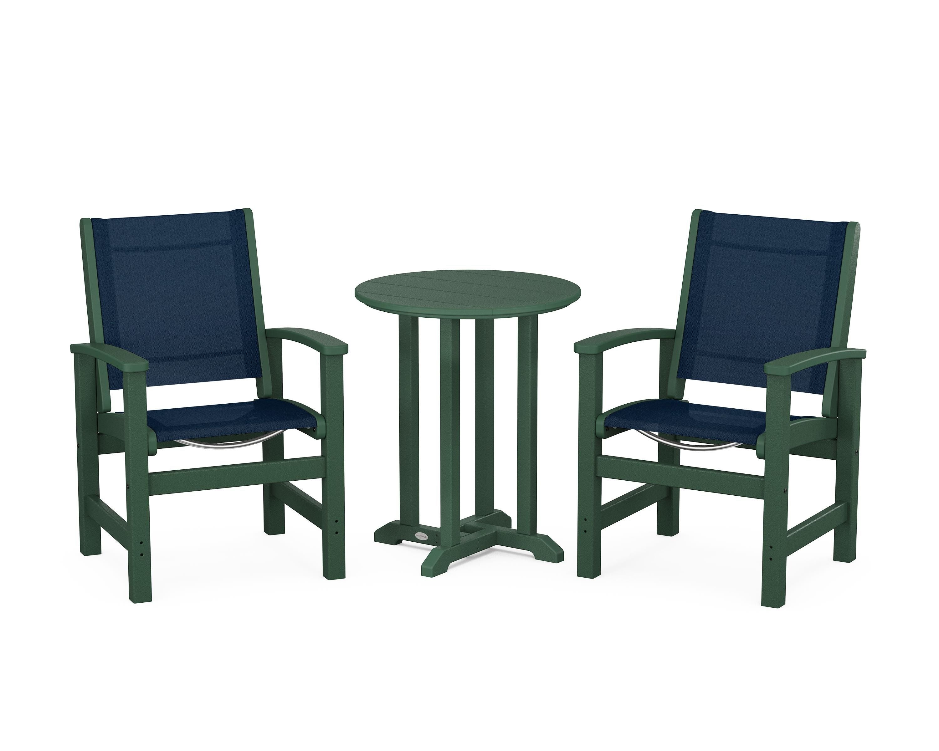 POLYWOOD Coastal 3-Piece Round Bistro Dining Set in Green / Navy Blue Sling