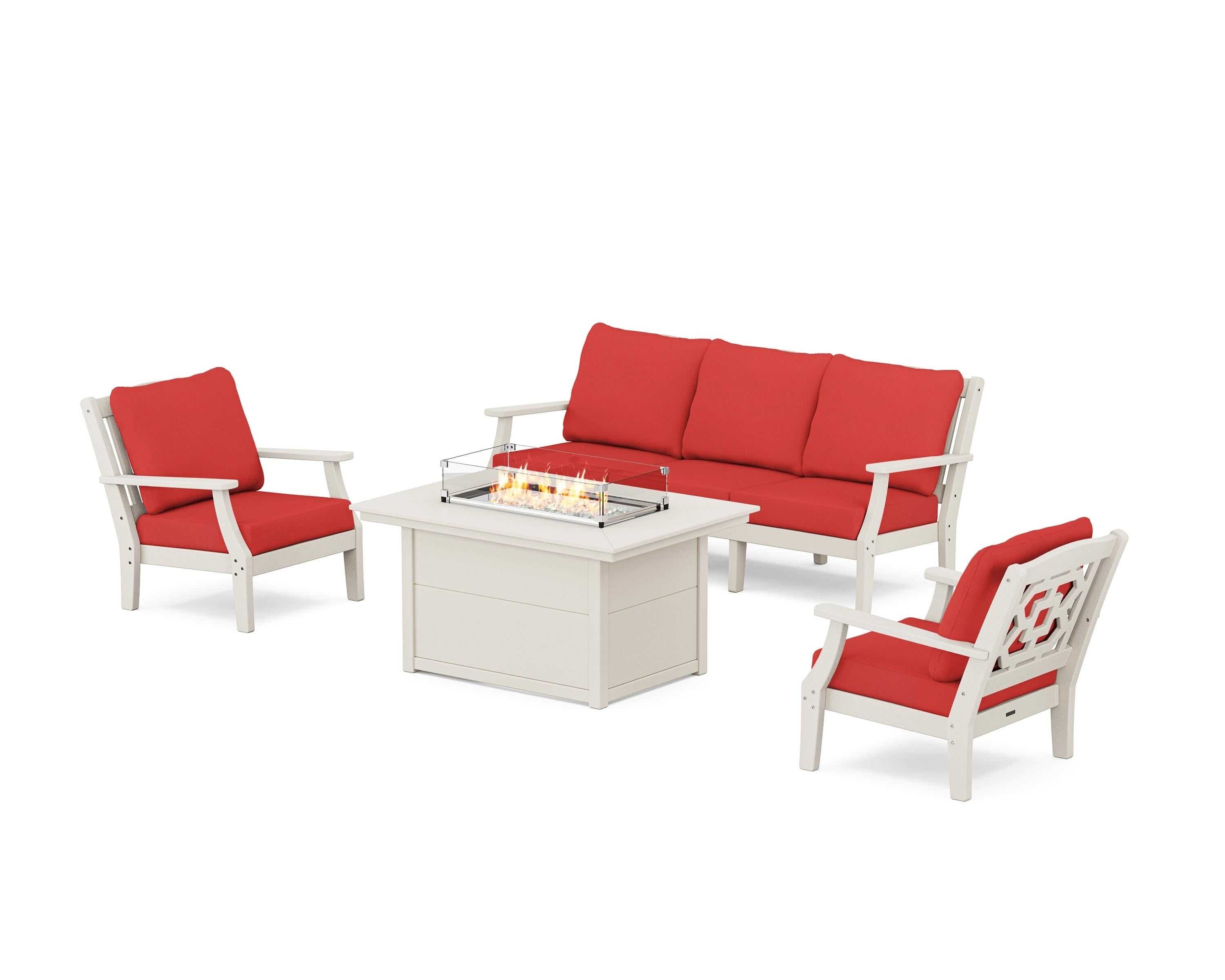 Martha Stewart by POLYWOOD Chinoiserie Deep Seating Fire Pit Table Set in Sand / Crimson Linen
