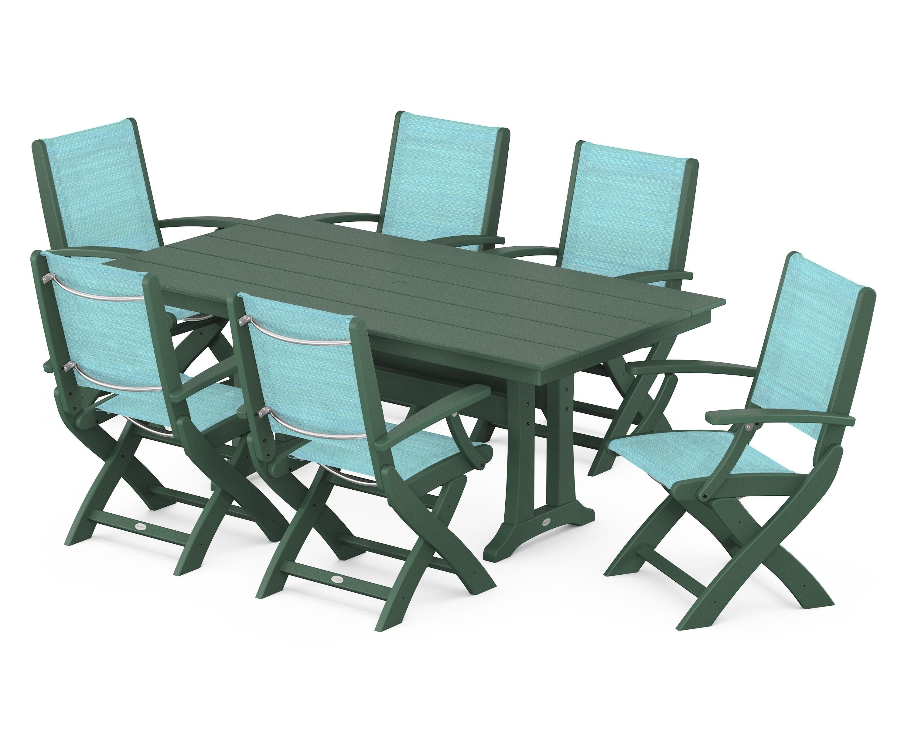 POLYWOOD Coastal Folding Arm Chair 7-Piece Farmhouse Dining Set with Trestle Legs in Green / Dupioni Aquamarine Sling