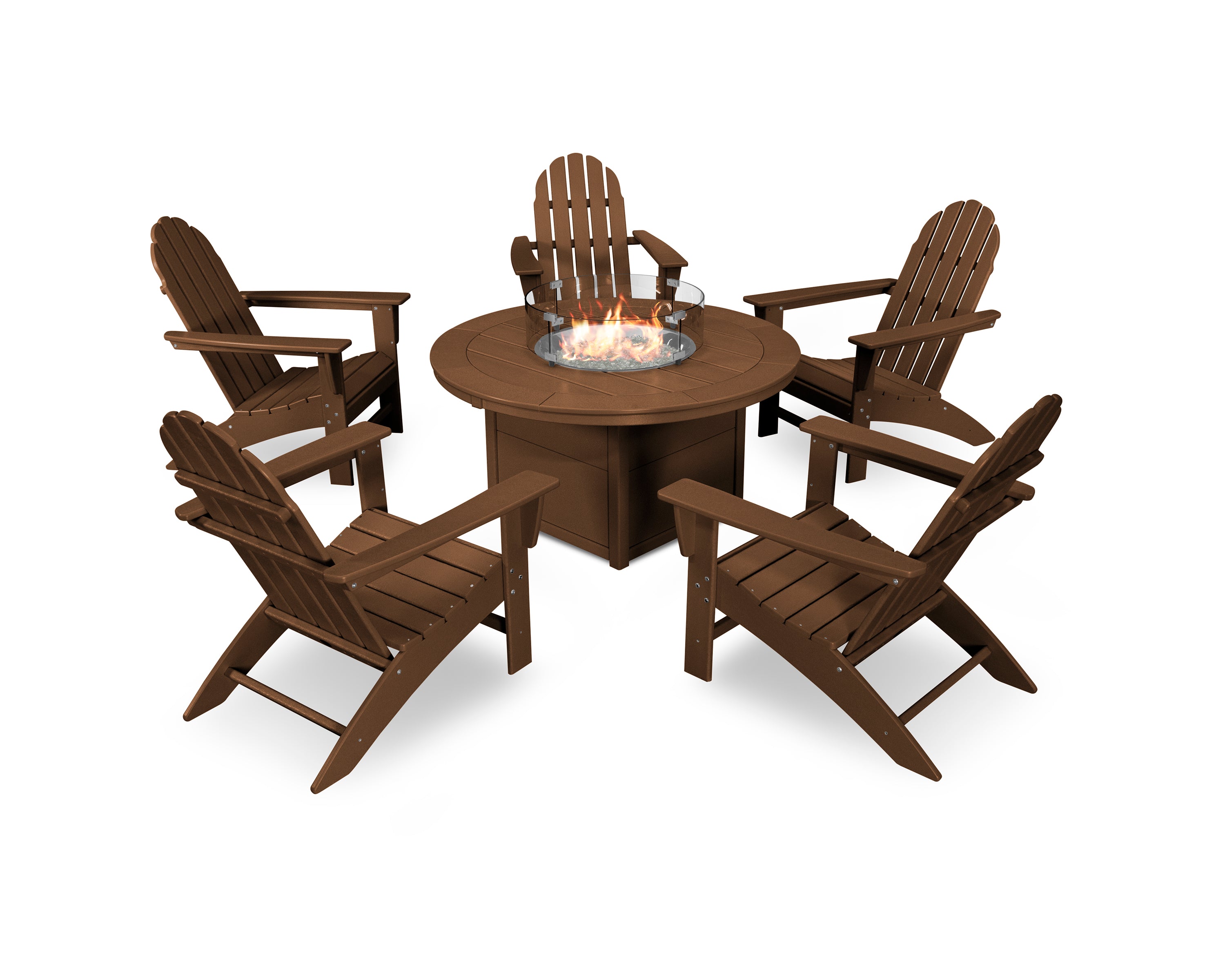 POLYWOOD Vineyard Adirondack 6-Piece Chat Set with Fire Pit Table in Teak