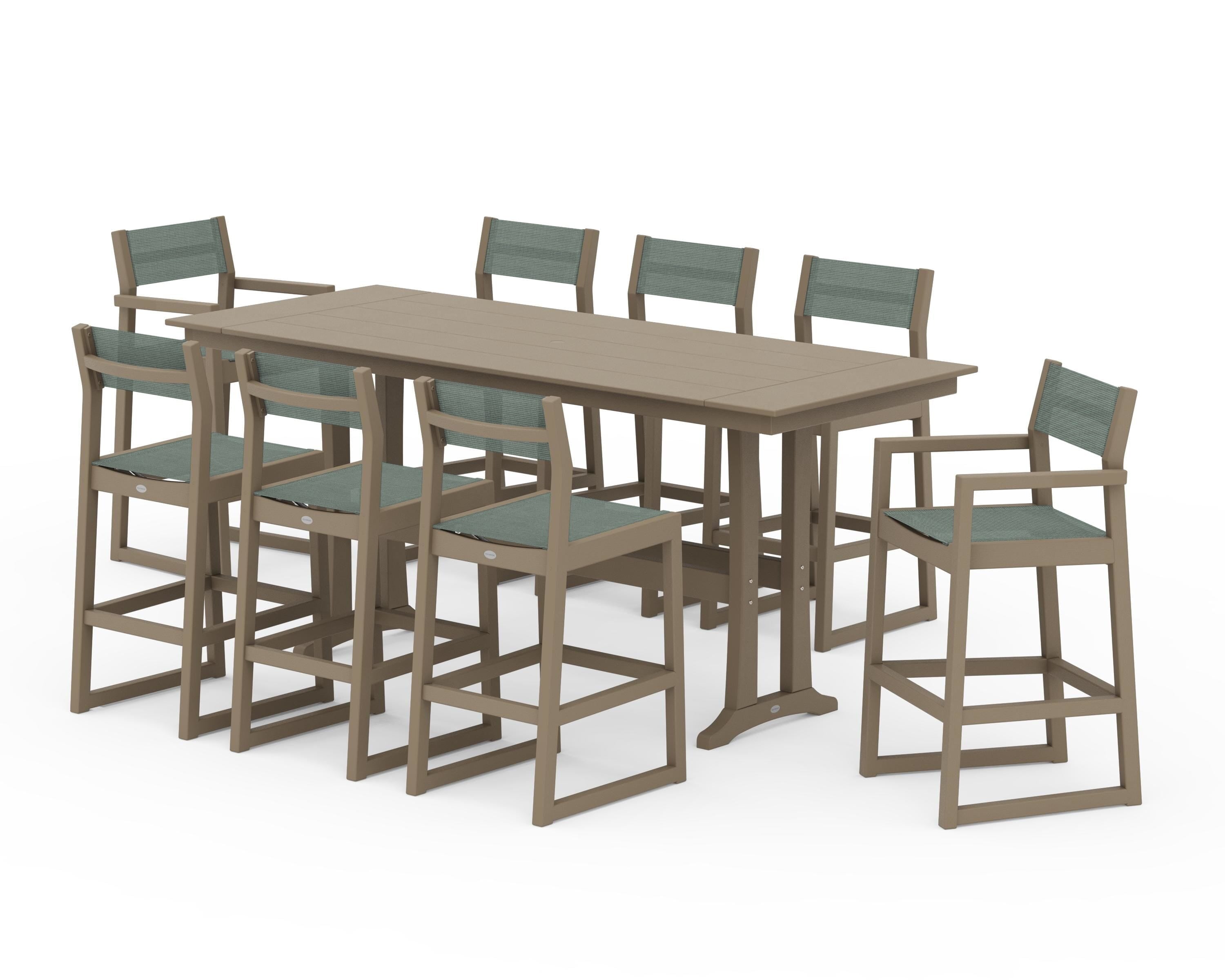 POLYWOOD EDGE Sling 9-Piece Farmhouse Bar Set with Trestle Legs in Vintage Sahara / Dupioni Sea Mist Sling