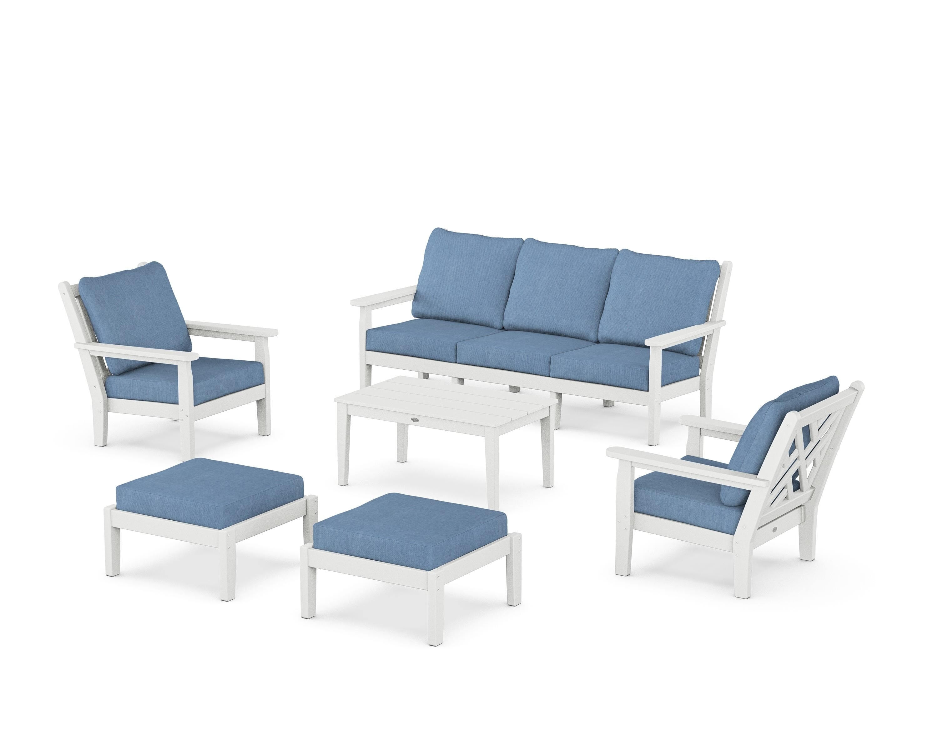 POLYWOOD Chippendale 6-Piece Lounge Sofa Set in White / Sky Blue