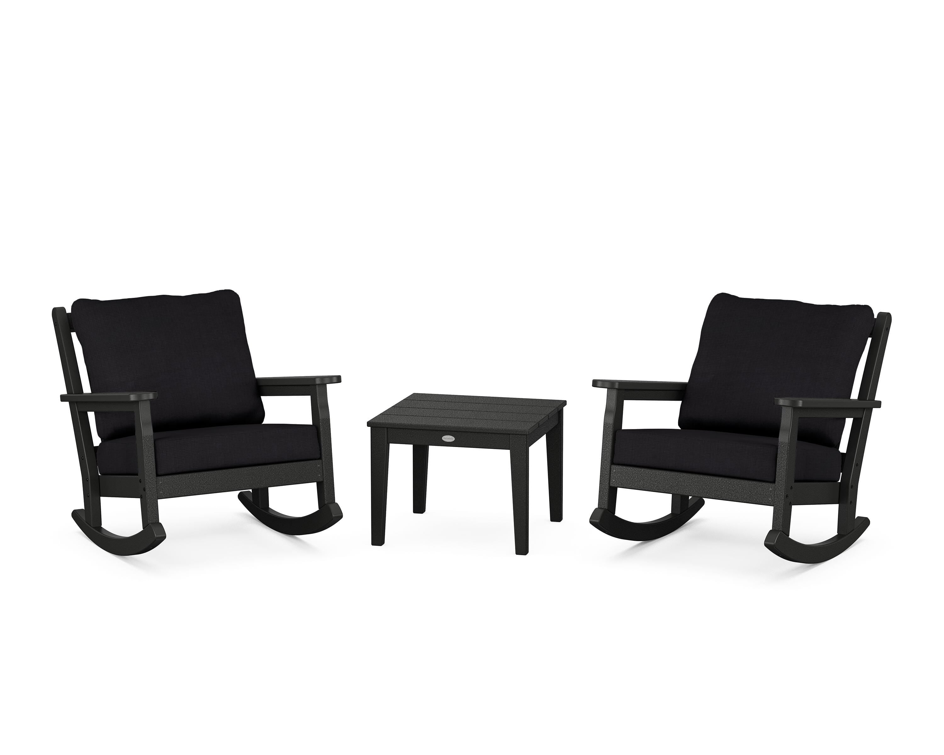 POLYWOOD Chippendale 3-Piece Deep Seating Rocker Set in Black / Midnight Linen