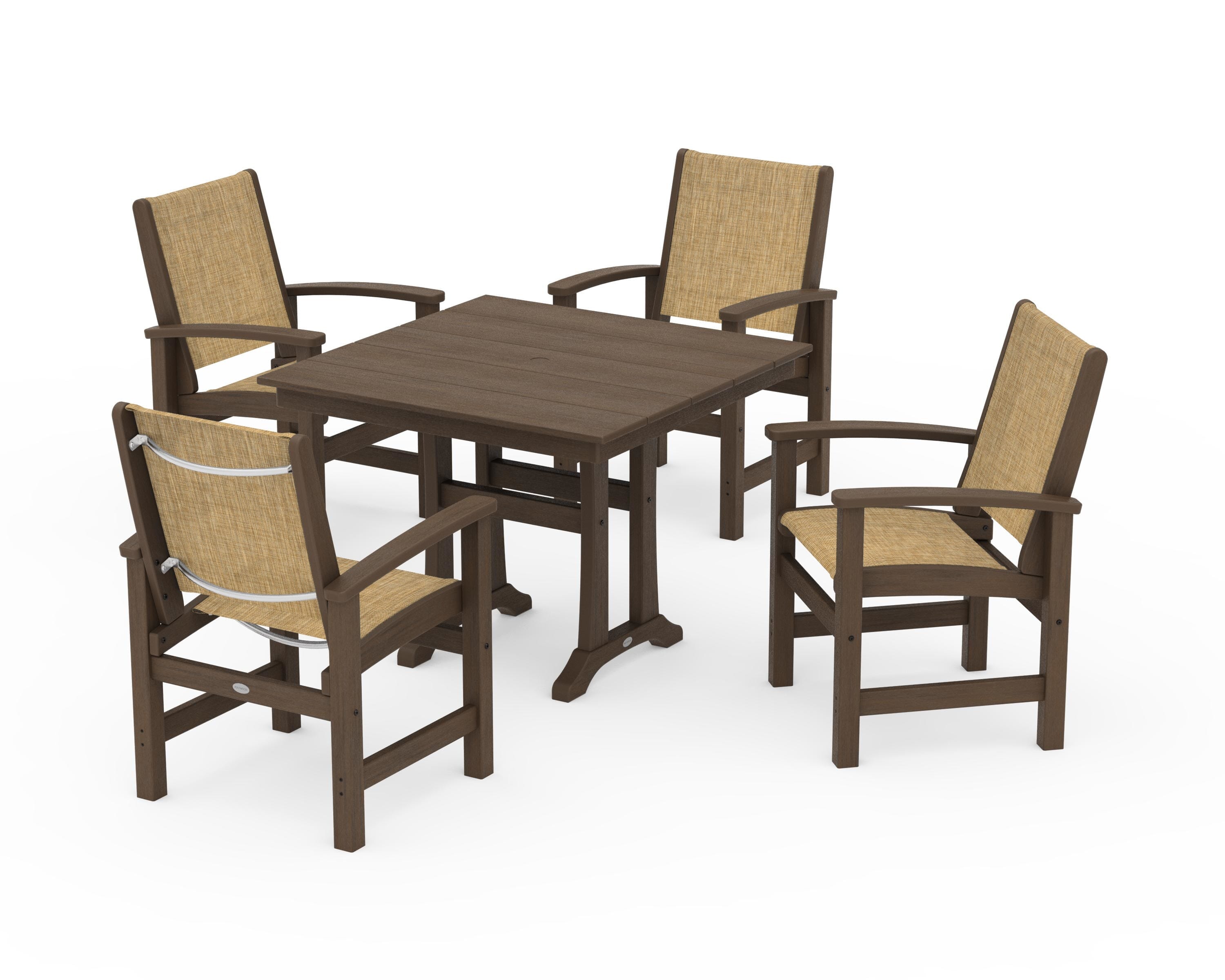 POLYWOOD Coastal 5-Piece Farmhouse Dining Set With Trestle Legs in Kona / Burlap Sling