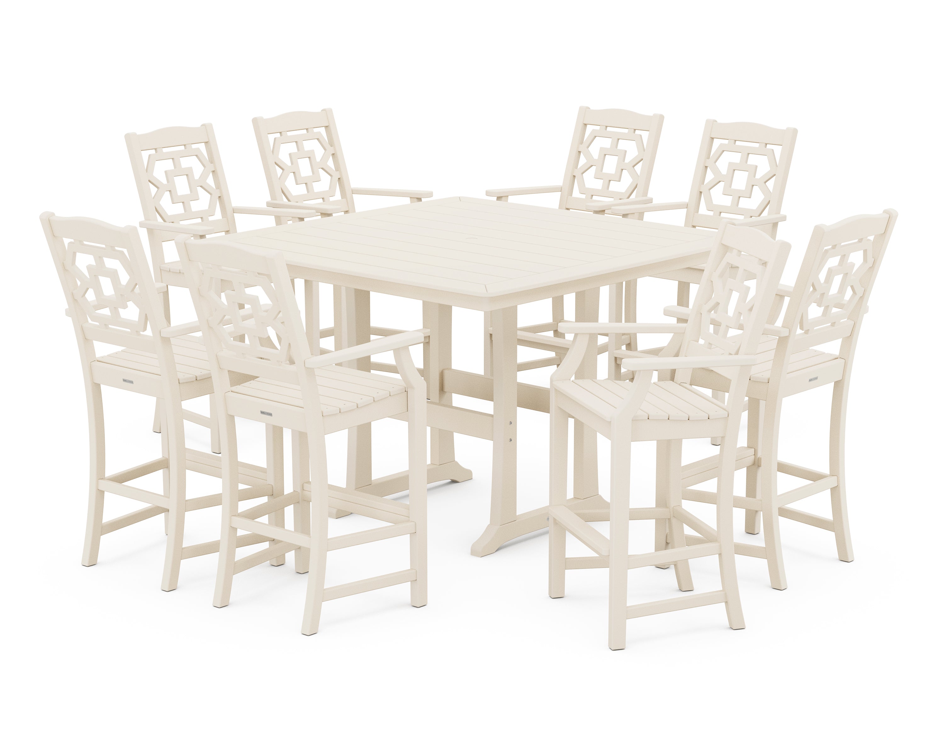 Martha Stewart by POLYWOOD® Chinoiserie 9-Piece Square Bar Set with Trestle Legs in Sand