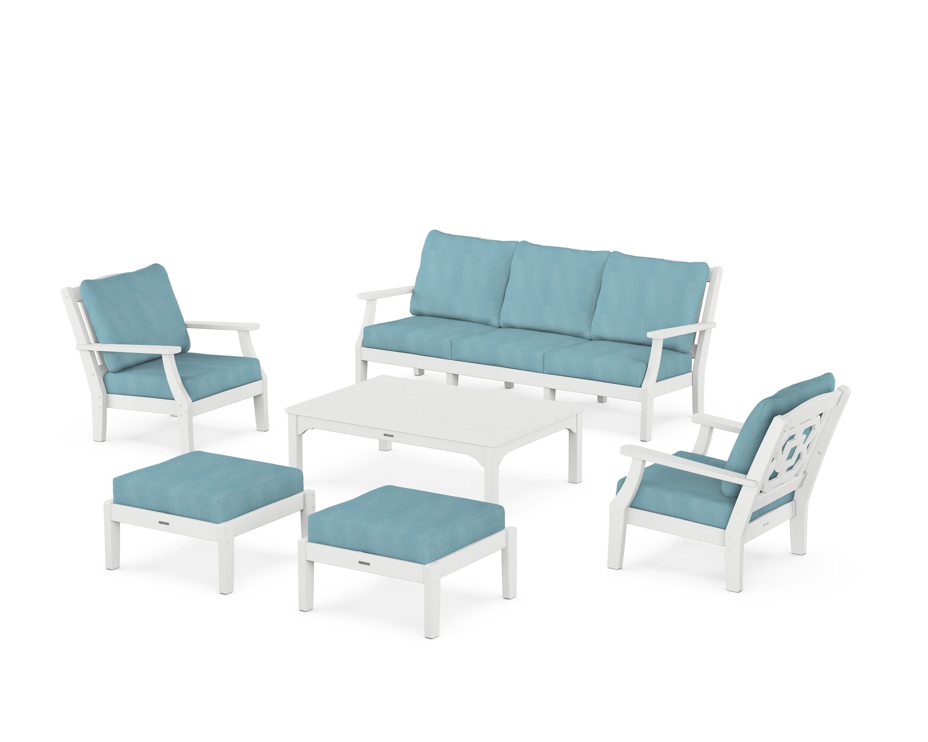 Martha Stewart by POLYWOOD Chinoiserie 6-Piece Lounge Sofa Set in White / Lattice Sky Blue
