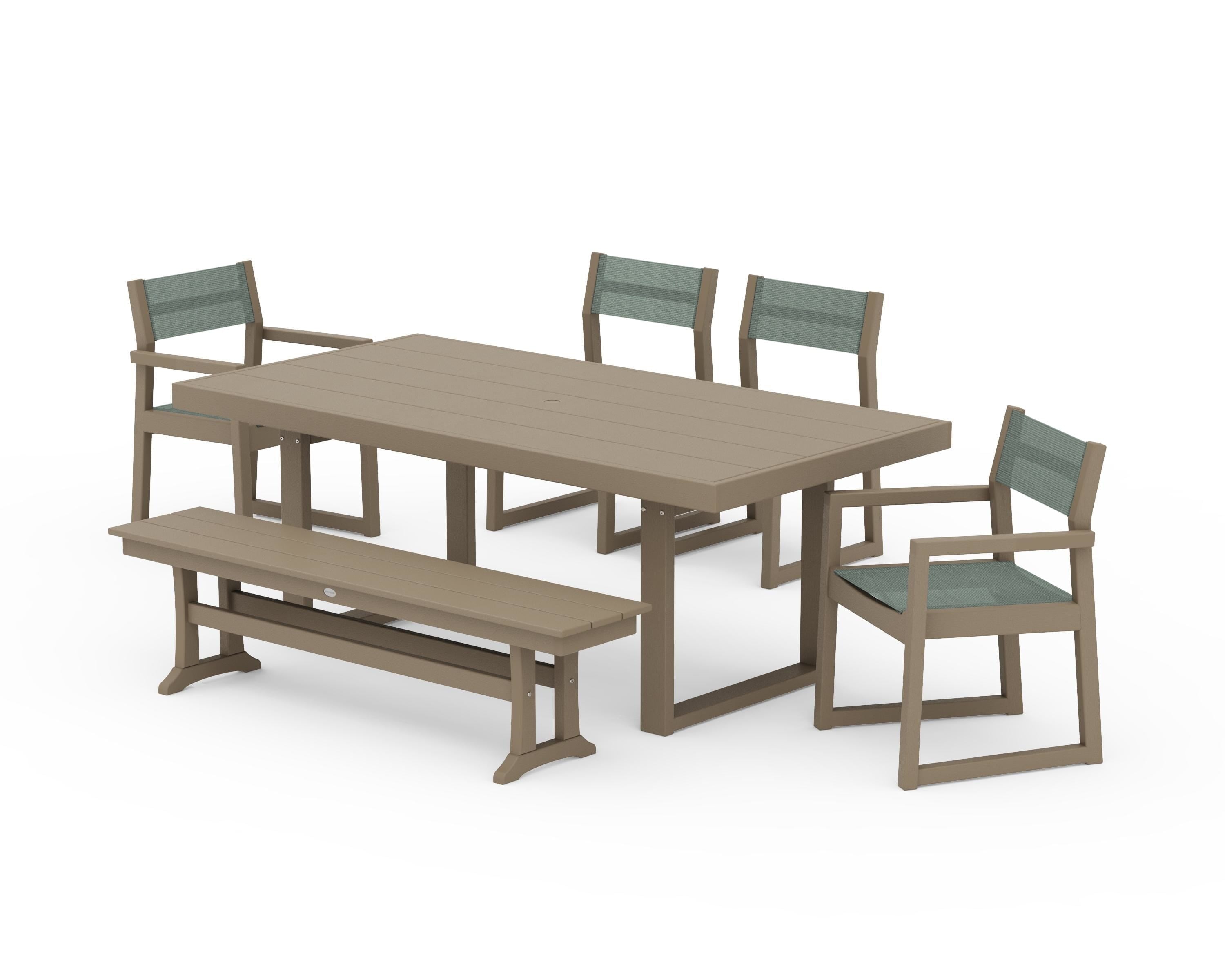 POLYWOOD EDGE Sling 6-Piece Dining Set with Bench in Vintage Sahara / Dupioni Sea Mist Sling