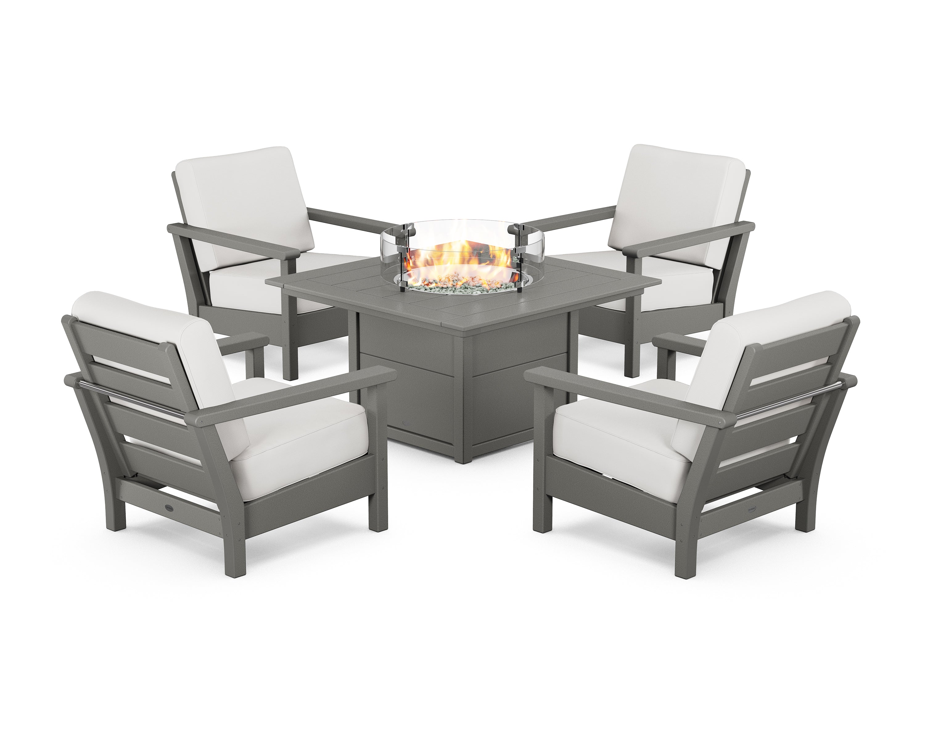 POLYWOOD Harbour 5-Piece Conversation Set with Fire Pit Table in Slate Grey / Natural Linen