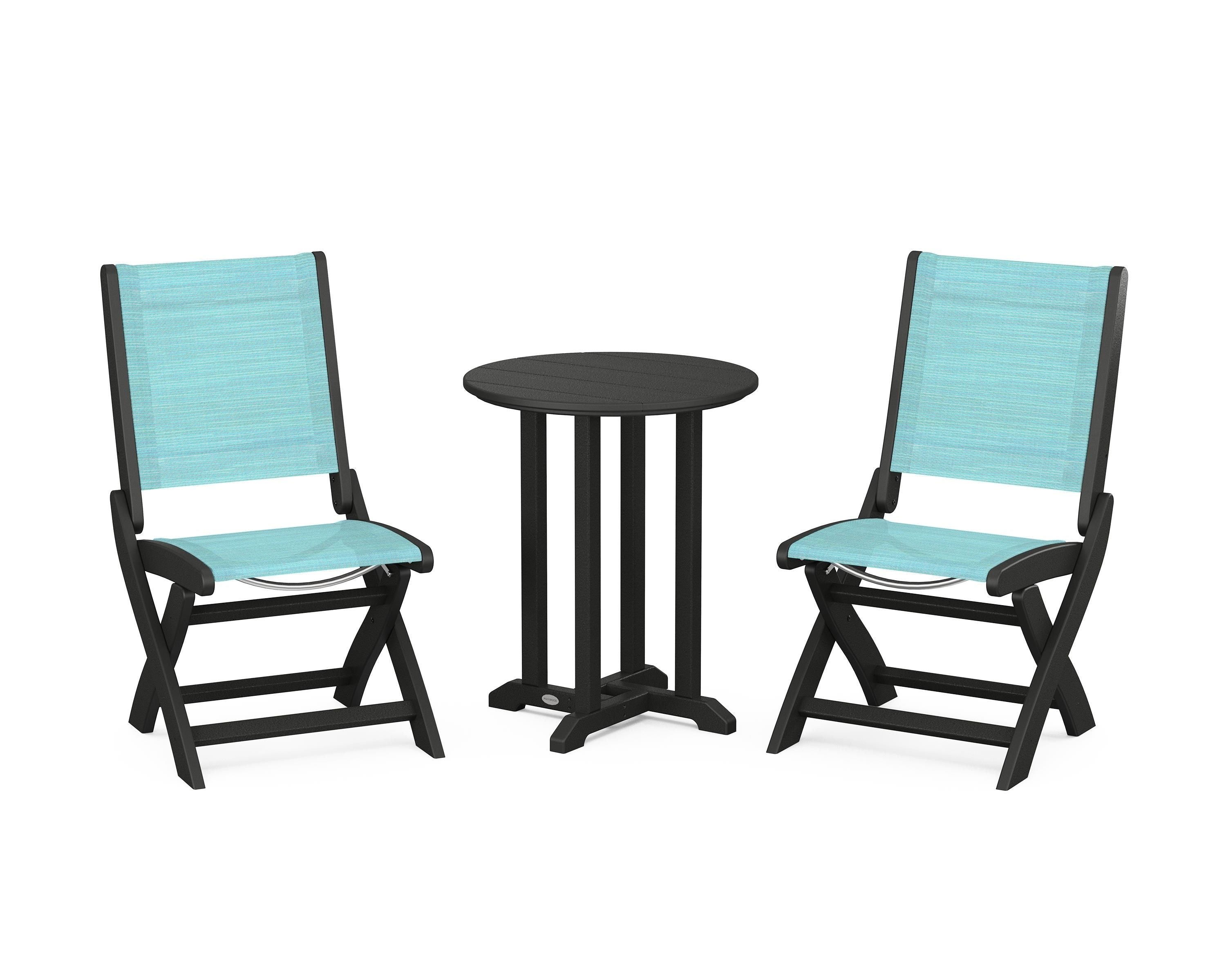 POLYWOOD Coastal Folding Side Chair 3-Piece Round Bistro Dining Set in Black / Dupioni Aquamarine Sling