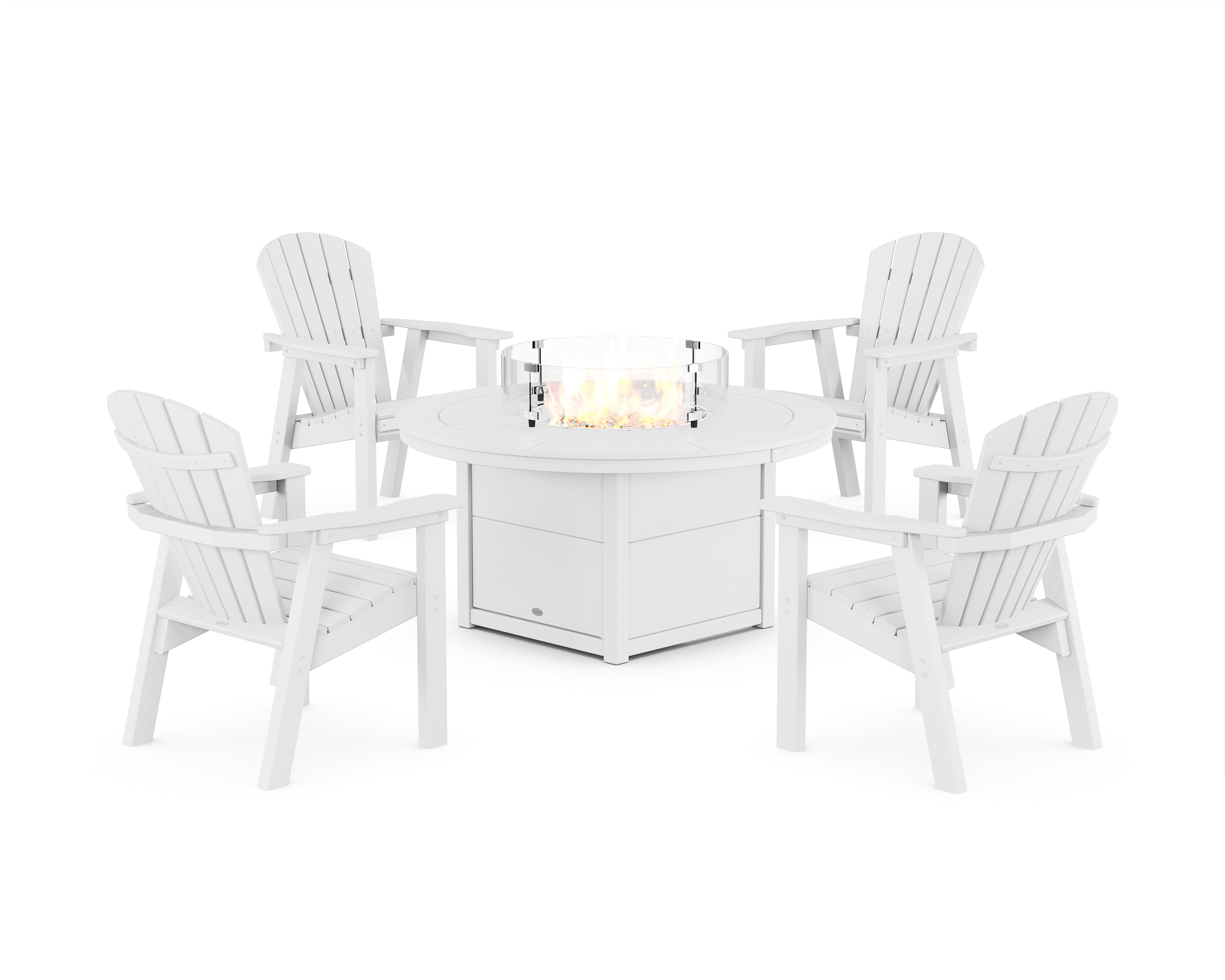 POLYWOOD Seashell 4-Piece Upright Adirondack Conversation Set with Fire Pit Table in White
