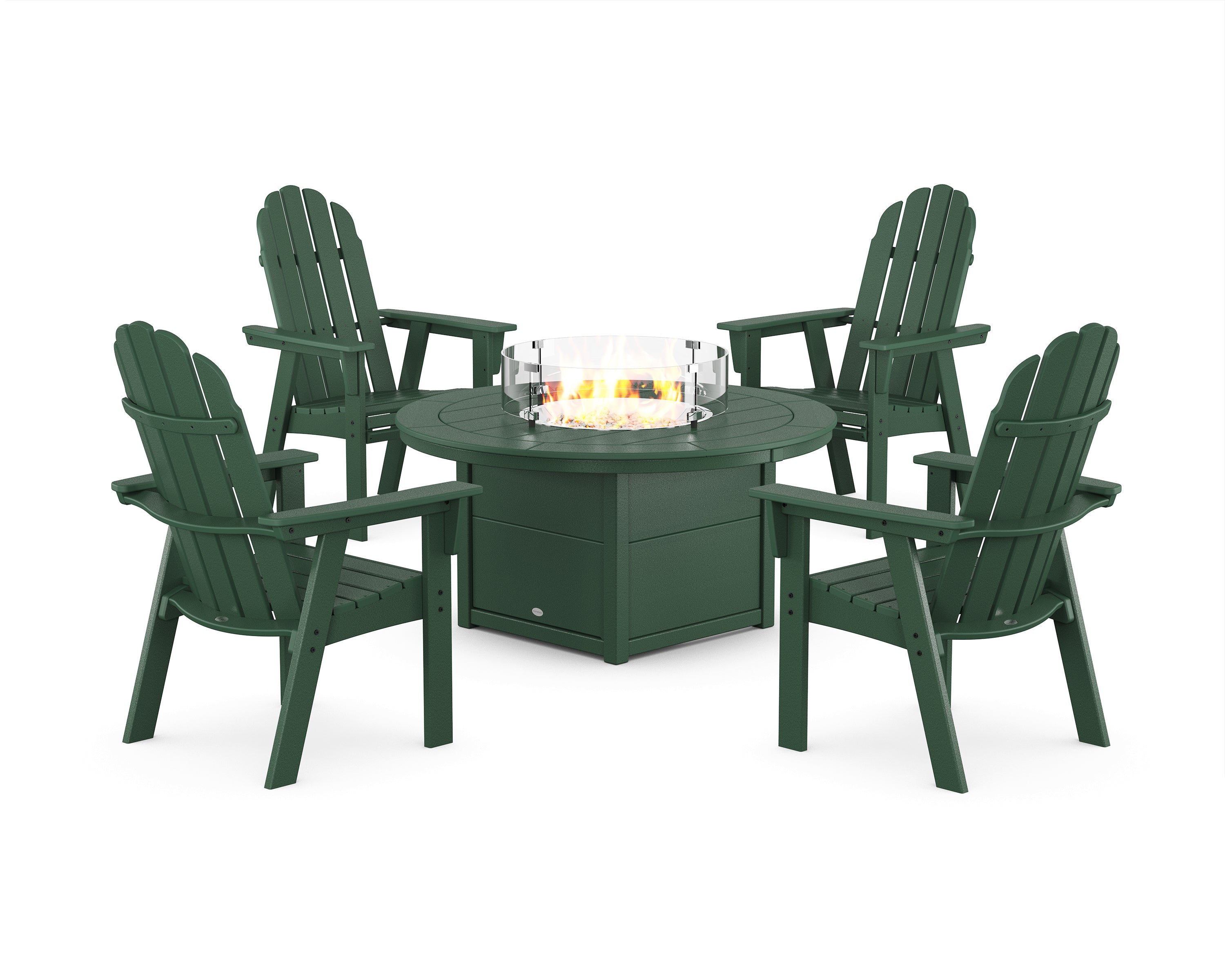 POLYWOOD Vineyard 4-Piece Curveback Upright Adirondack Conversation Set with Fire Pit Table in Green