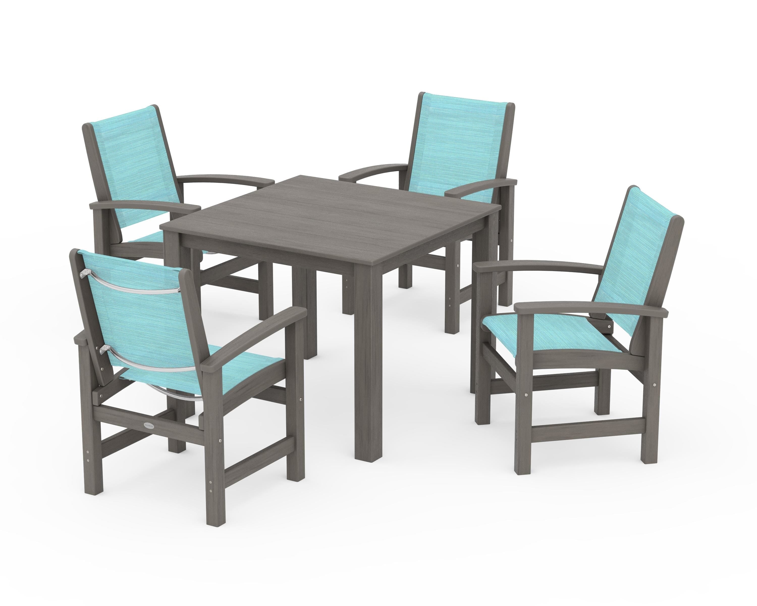 POLYWOOD Coastal 5-Piece Parsons Dining Set in Driftwood / Dupioni Aquamarine Sling