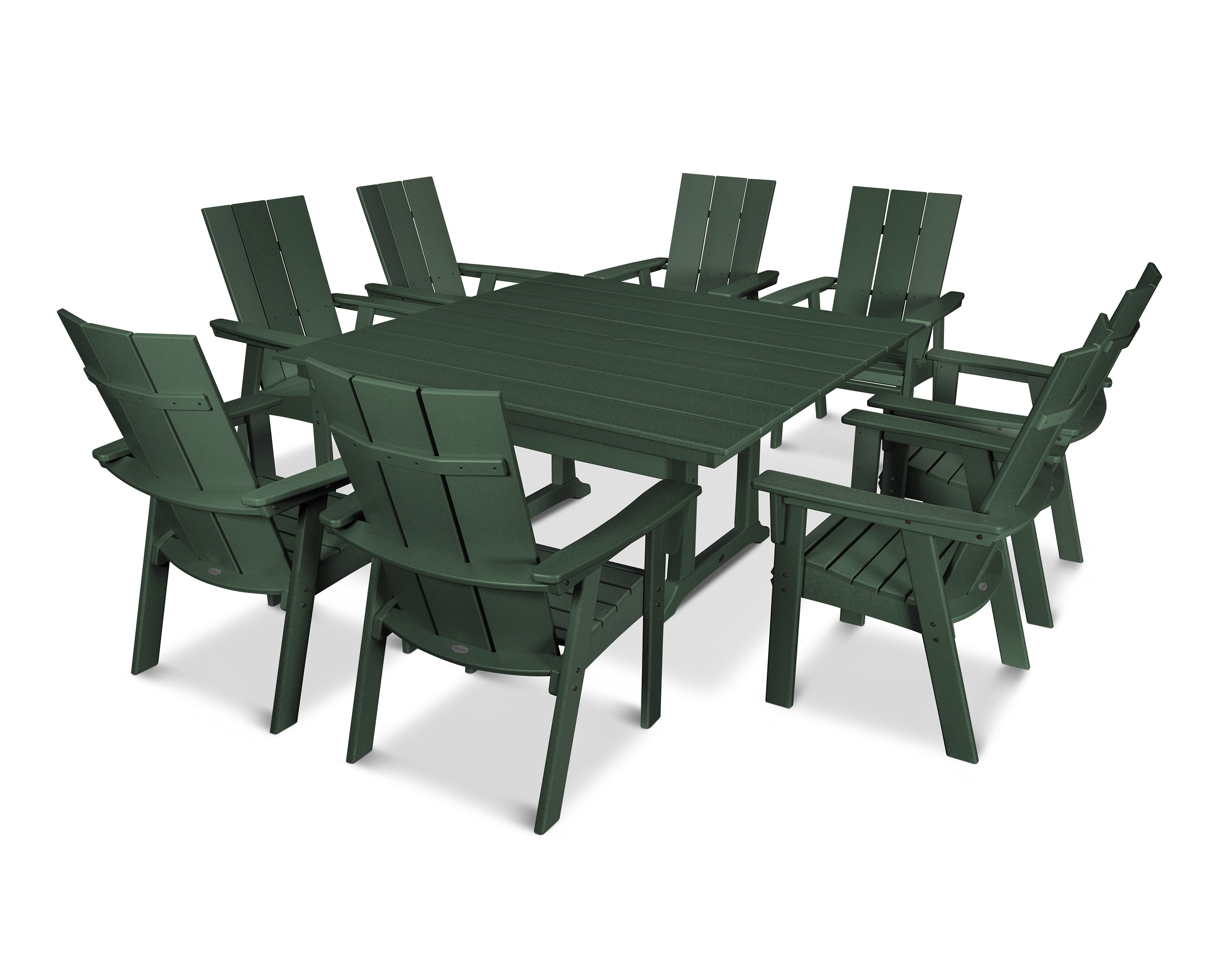 POLYWOOD® Modern Curveback Adirondack 9-Piece Farmhouse Trestle Dining Set in Green