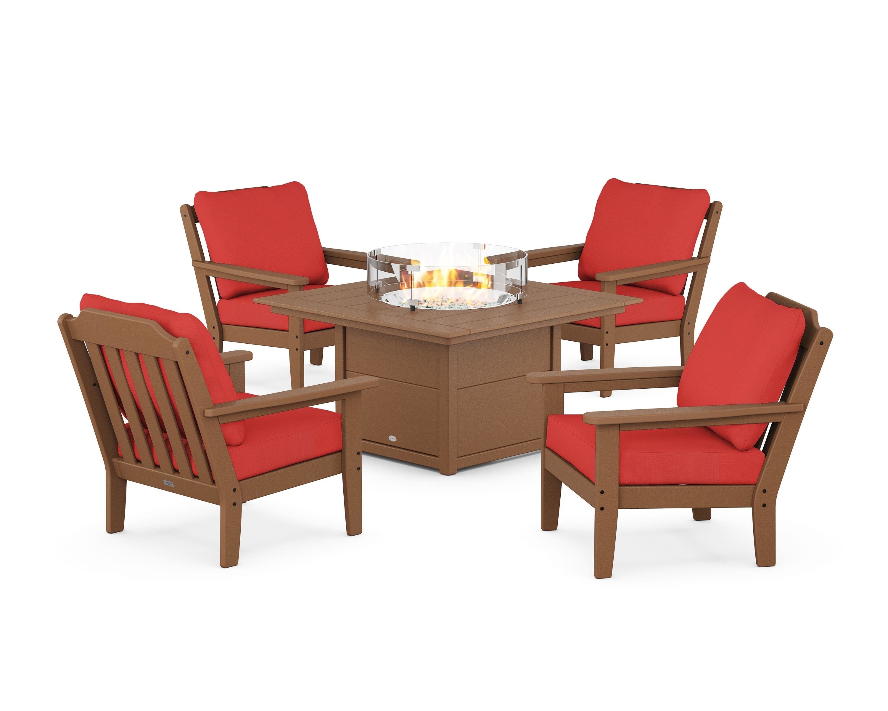 Country Living Cottage 5-Piece Deep Seating Set with Fire Pit Table in Teak / Crimson Linen