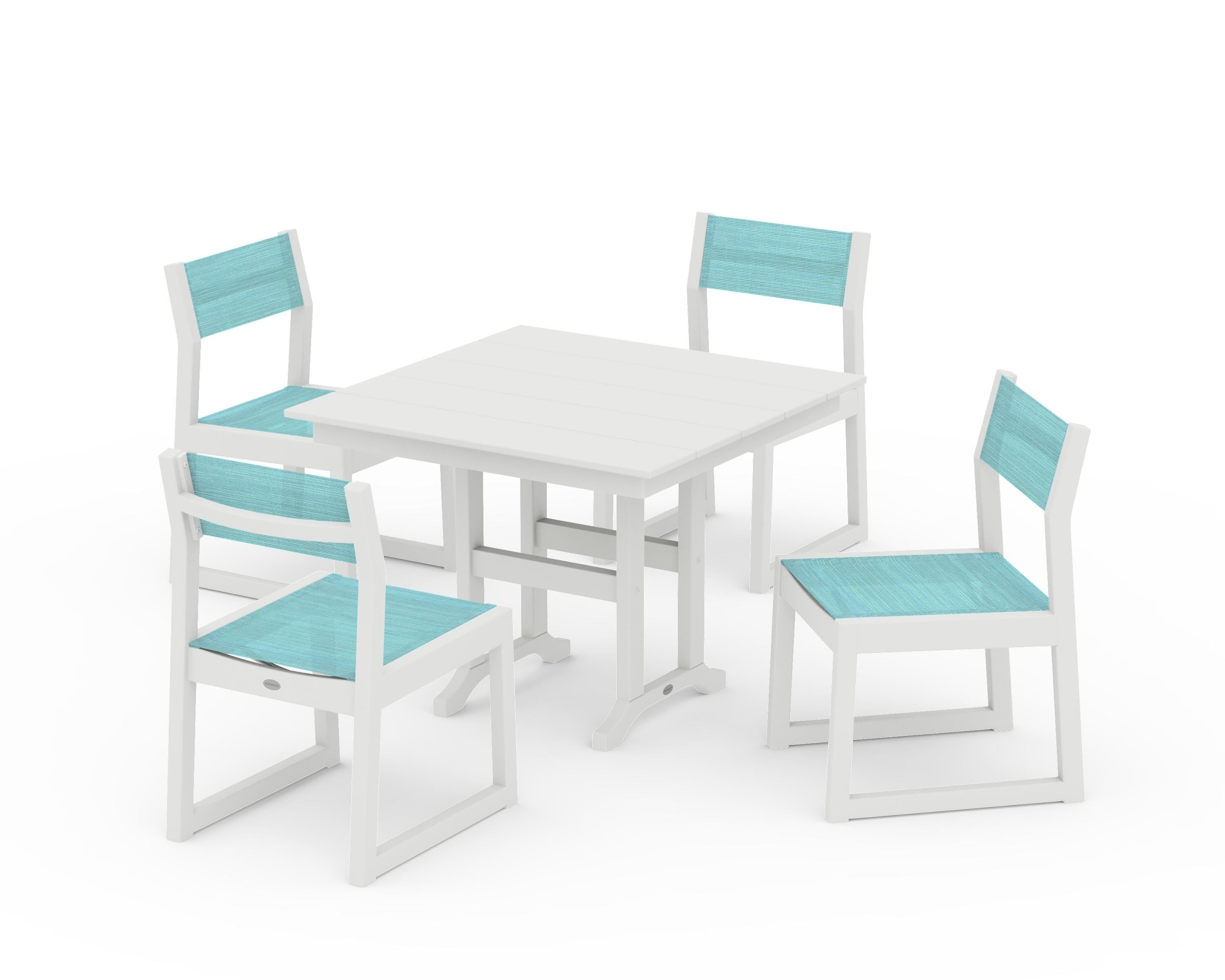 POLYWOOD EDGE Sling Side Chair 5-Piece Farmhouse Dining Set in Vintage White / Dupioni Aquamarine Sling