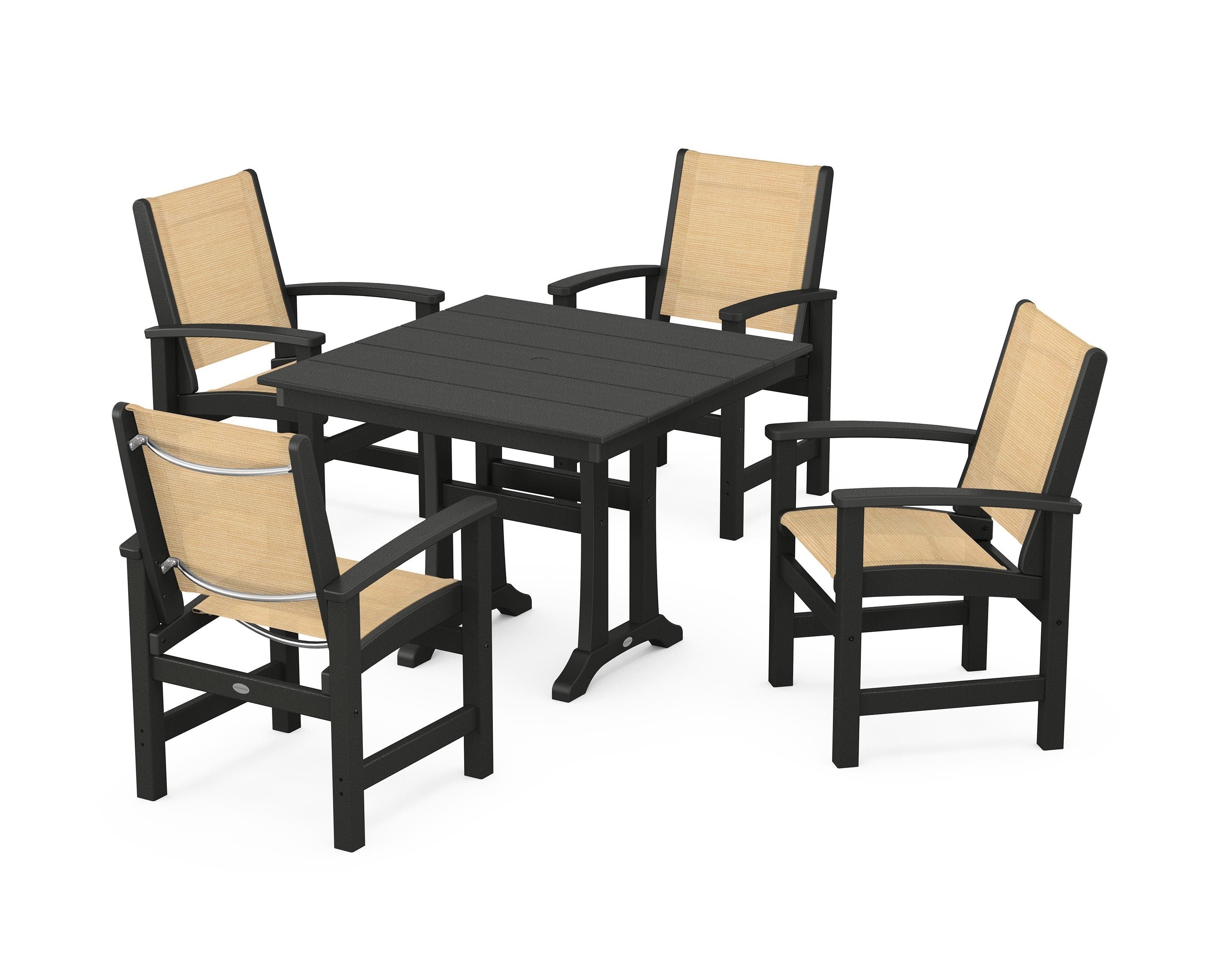 POLYWOOD Coastal 5-Piece Farmhouse Dining Set With Trestle Legs in Black / Dupioni Apricot Sling