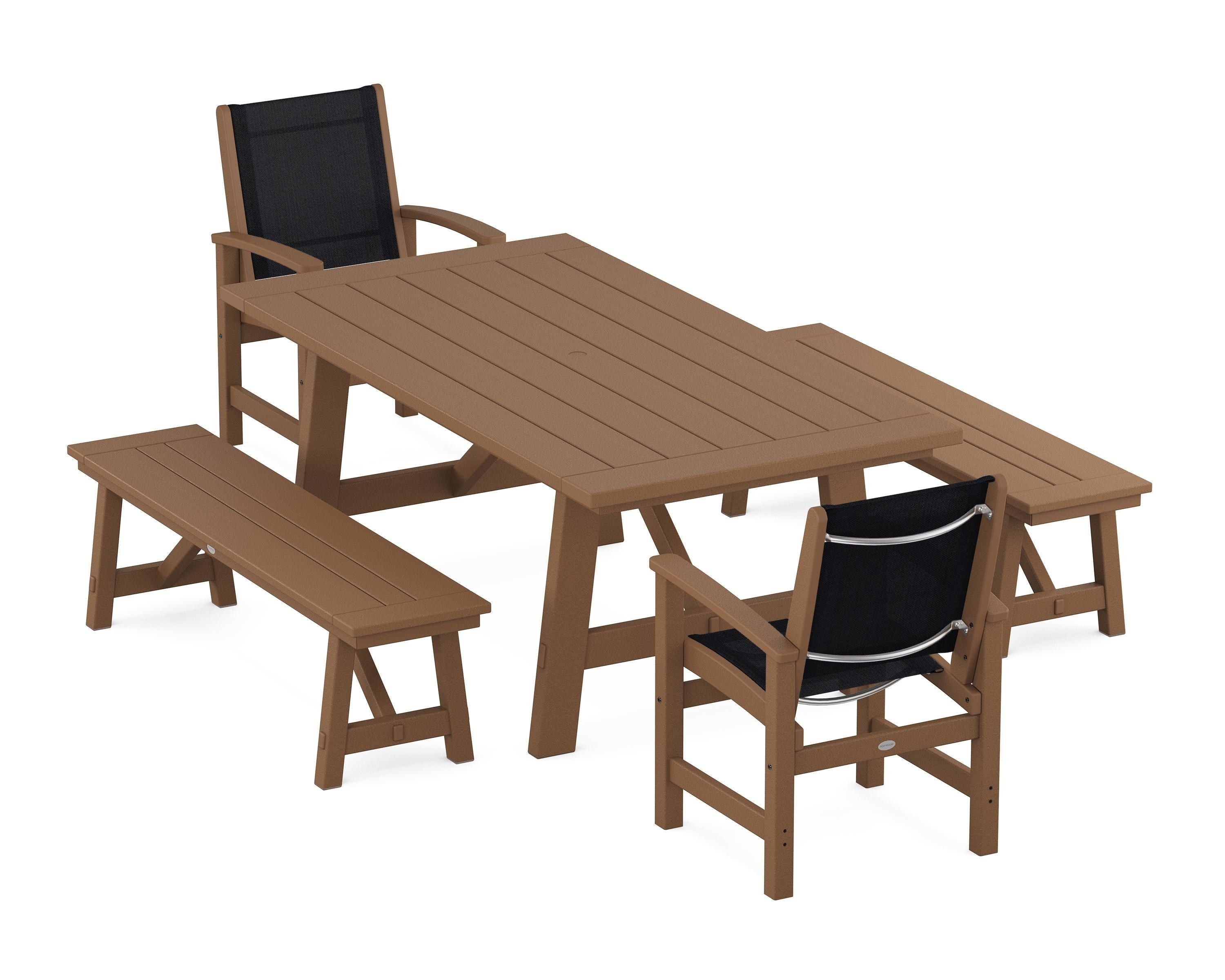 POLYWOOD Coastal 5-Piece Rustic Farmhouse Dining Set With Benches in Teak / Black Sling