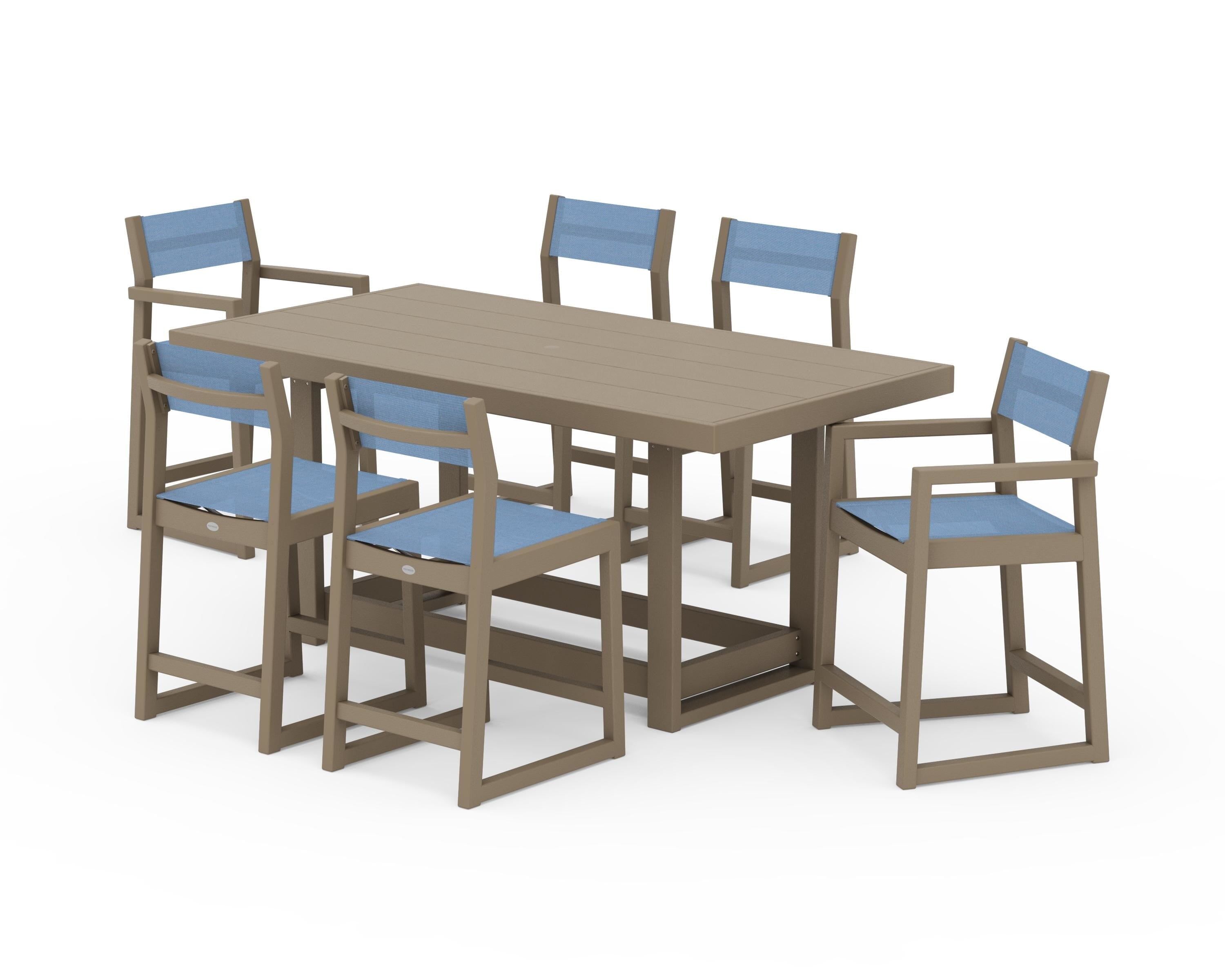 POLYWOOD EDGE Sling 7-Piece Counter Table Set in Vintage Sahara / Poolside Sling