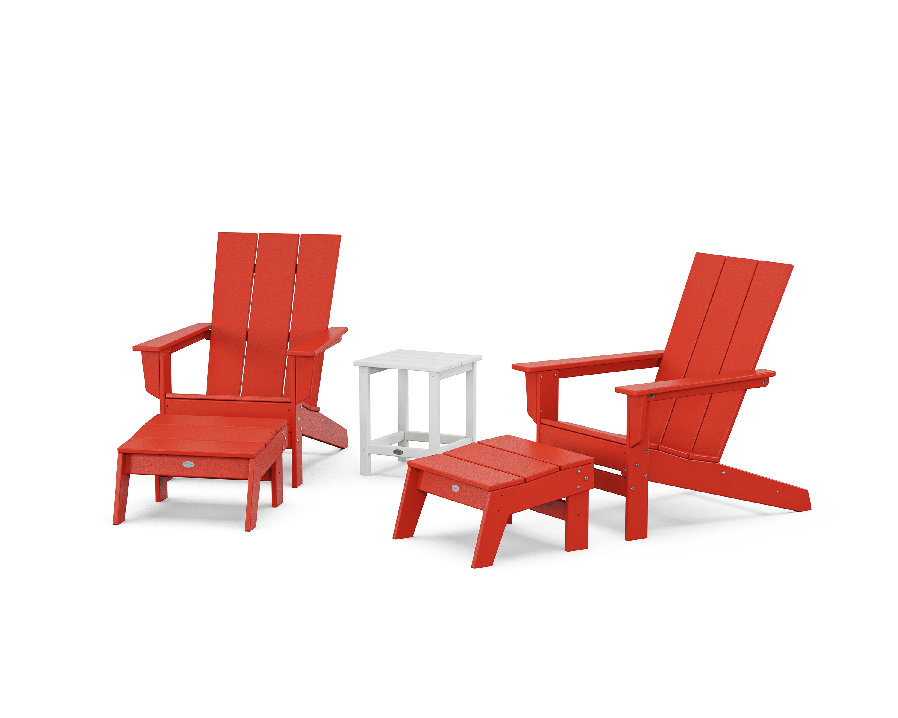 POLYWOOD 5-Piece Modern Studio Adirondack Set with Ottomans and Side Table in Sunset Red / White