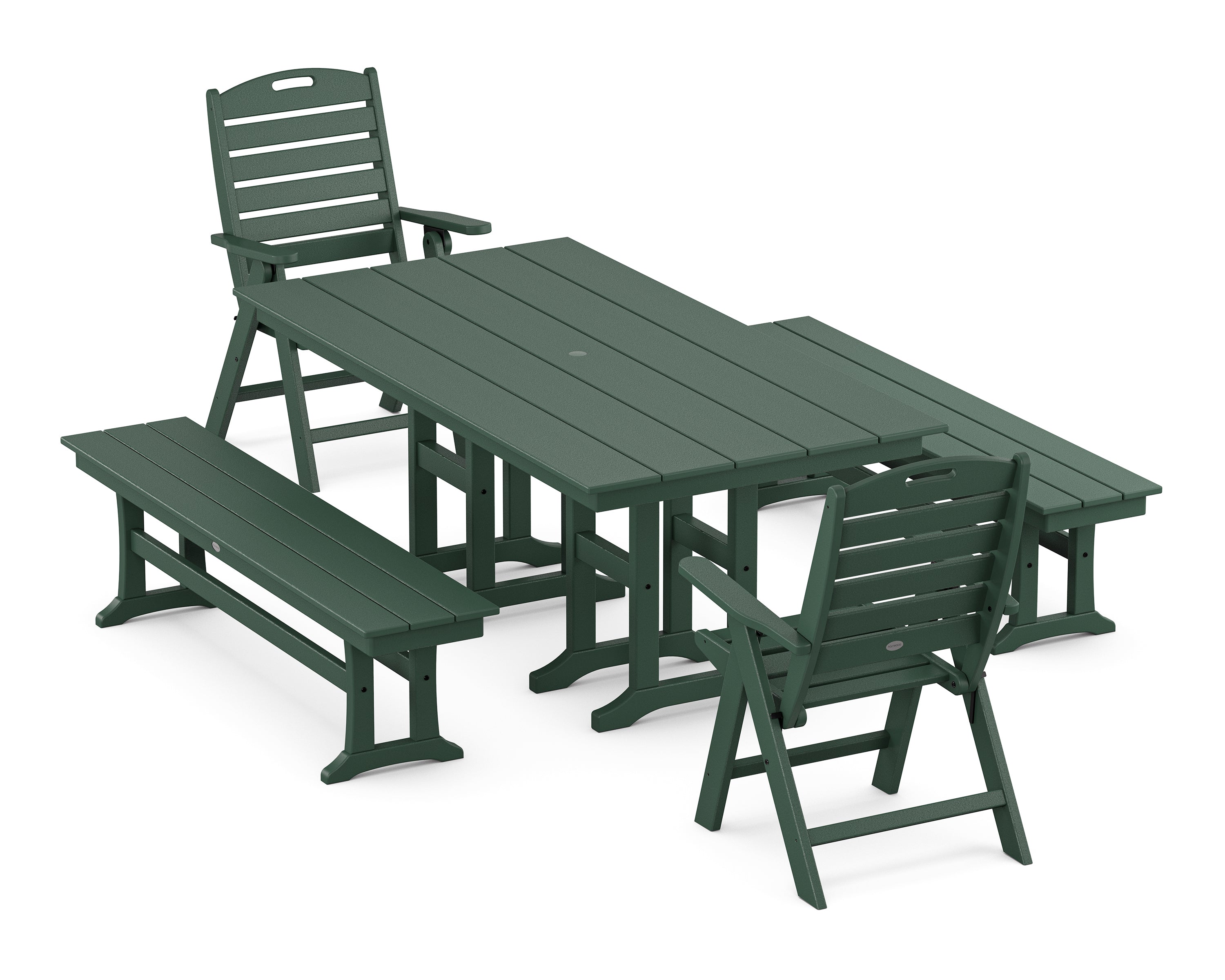 POLYWOOD Nautical Highback 5-Piece Farmhouse Dining Set with Benches in Green