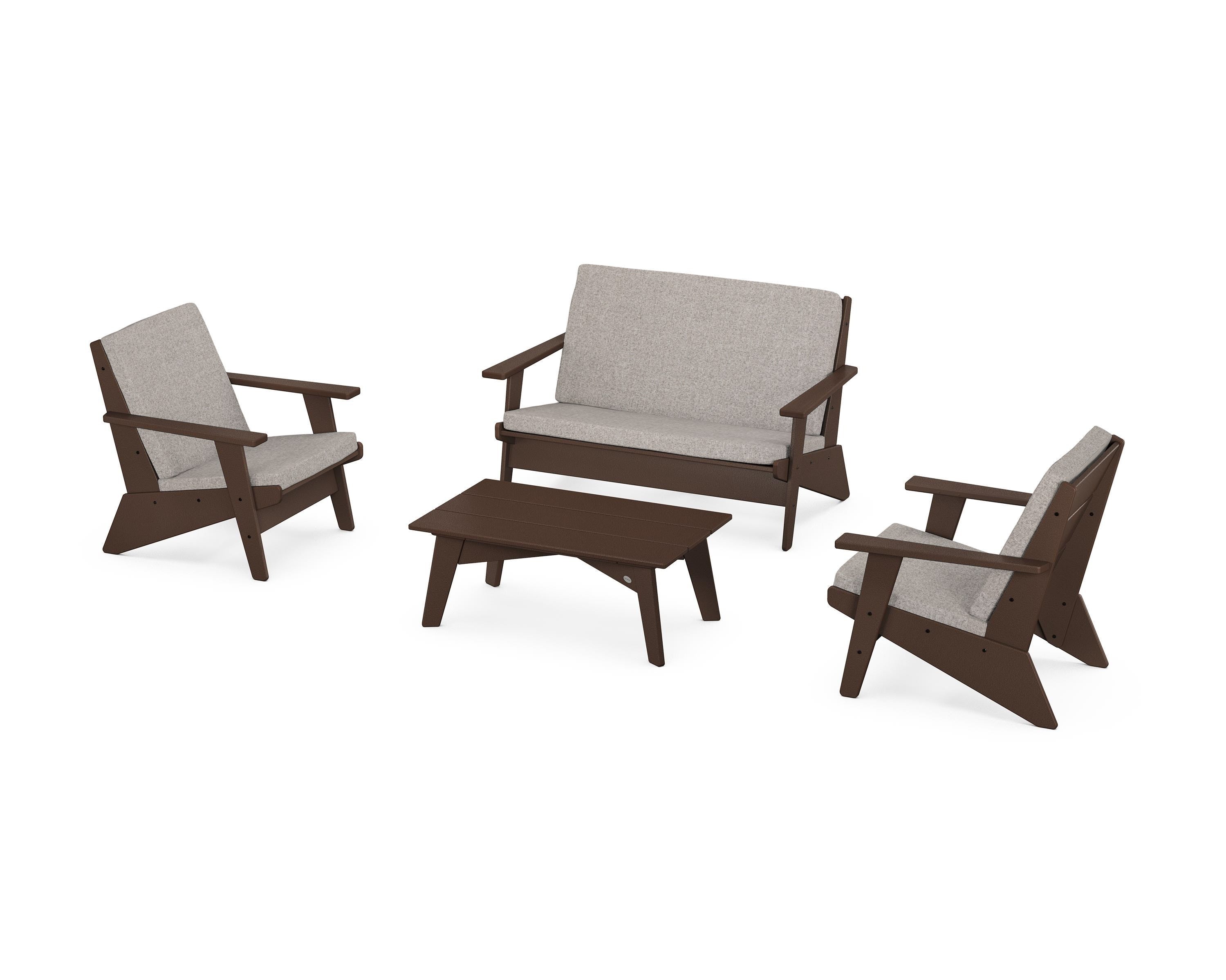 POLYWOOD Riviera Modern Lounge 4-Piece Set in Mahogany / Weathered Tweed