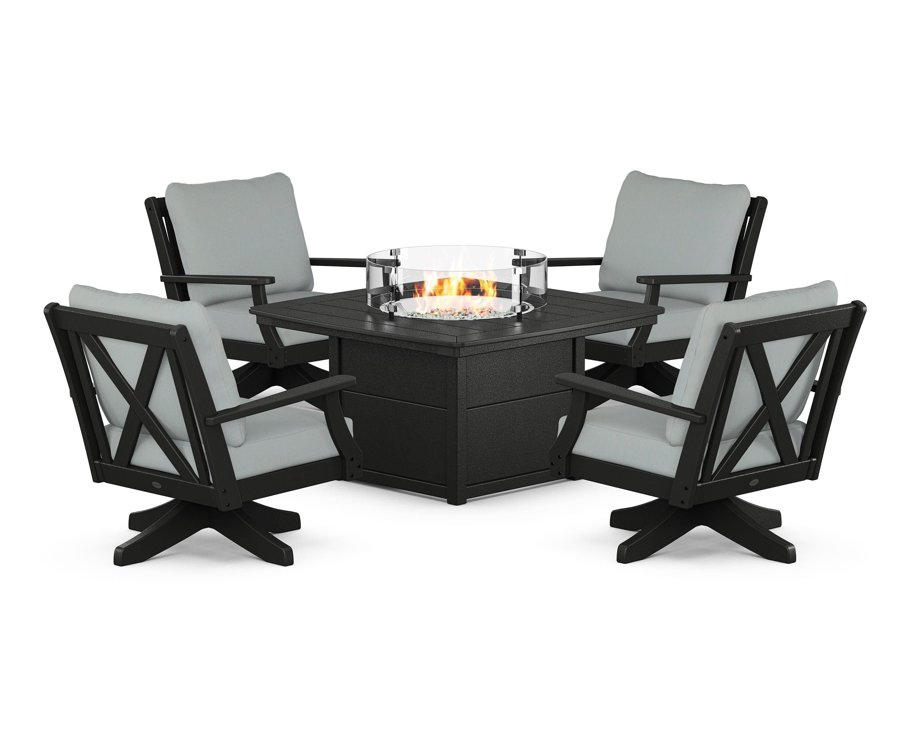 POLYWOOD Braxton 5-Piece Deep Seating Swivel Conversation Set with Fire Pit Table in Black / Spa