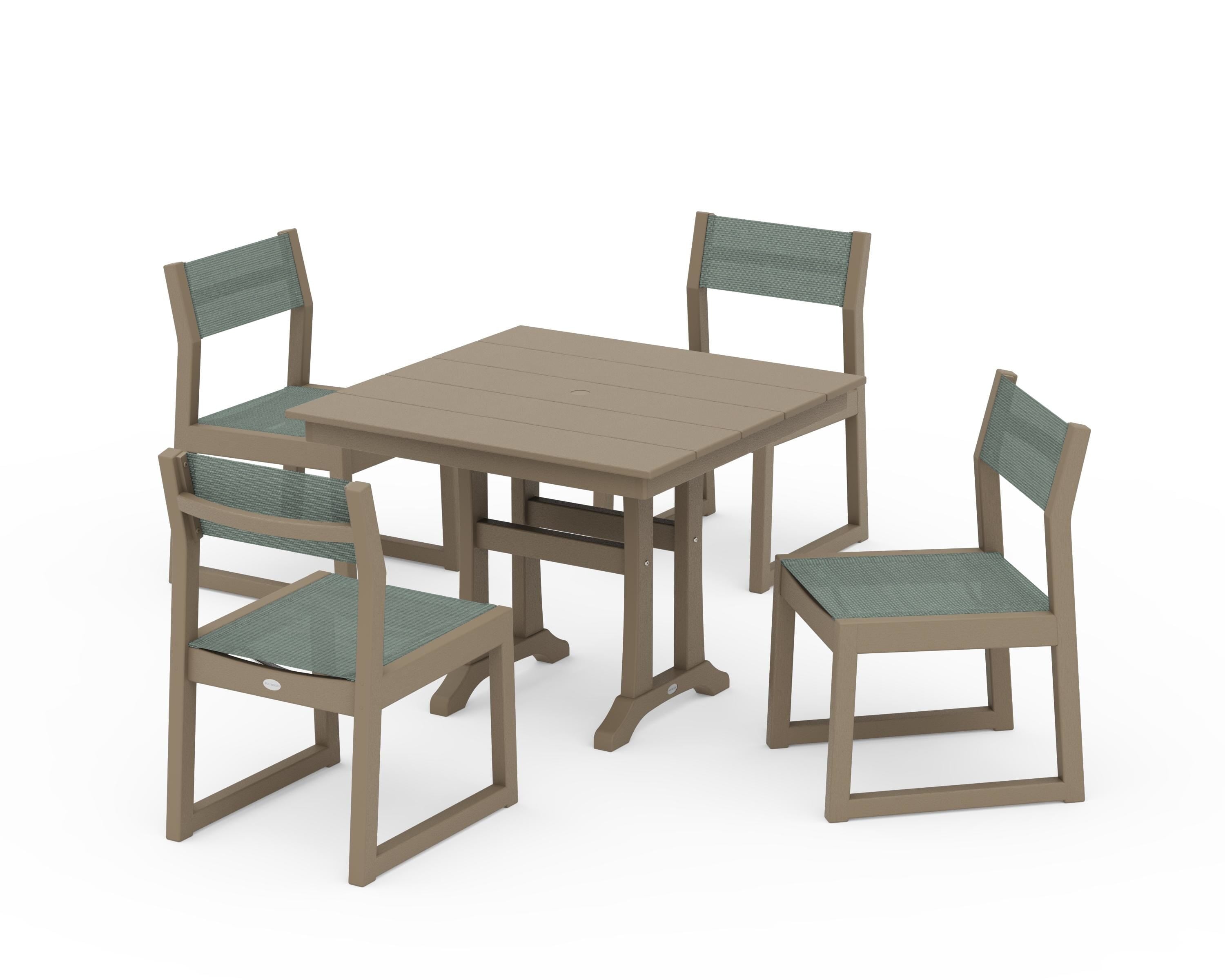 POLYWOOD EDGE Sling 5-Piece Farmhouse Trestle Side Chair Dining Set in Vintage Sahara / Dupioni Sea Mist Sling