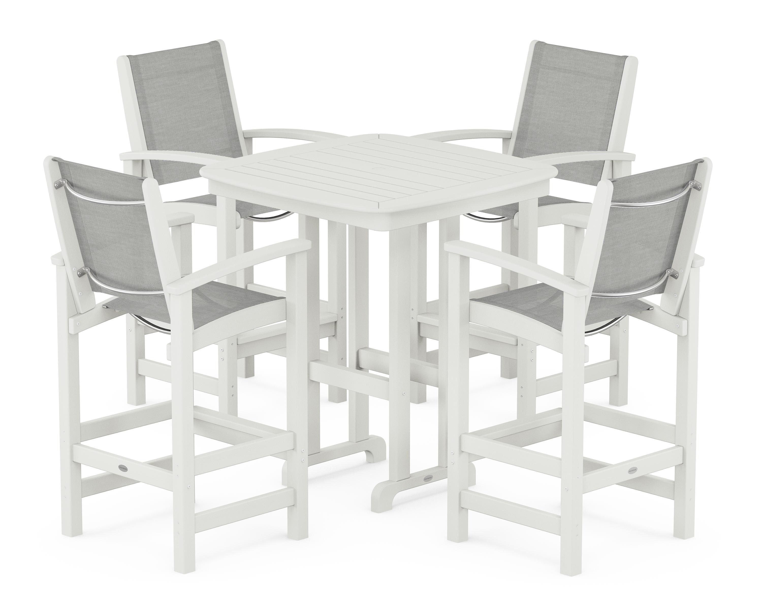 POLYWOOD Coastal 5-Piece Bar Set in Vintage White / Metallic Sling