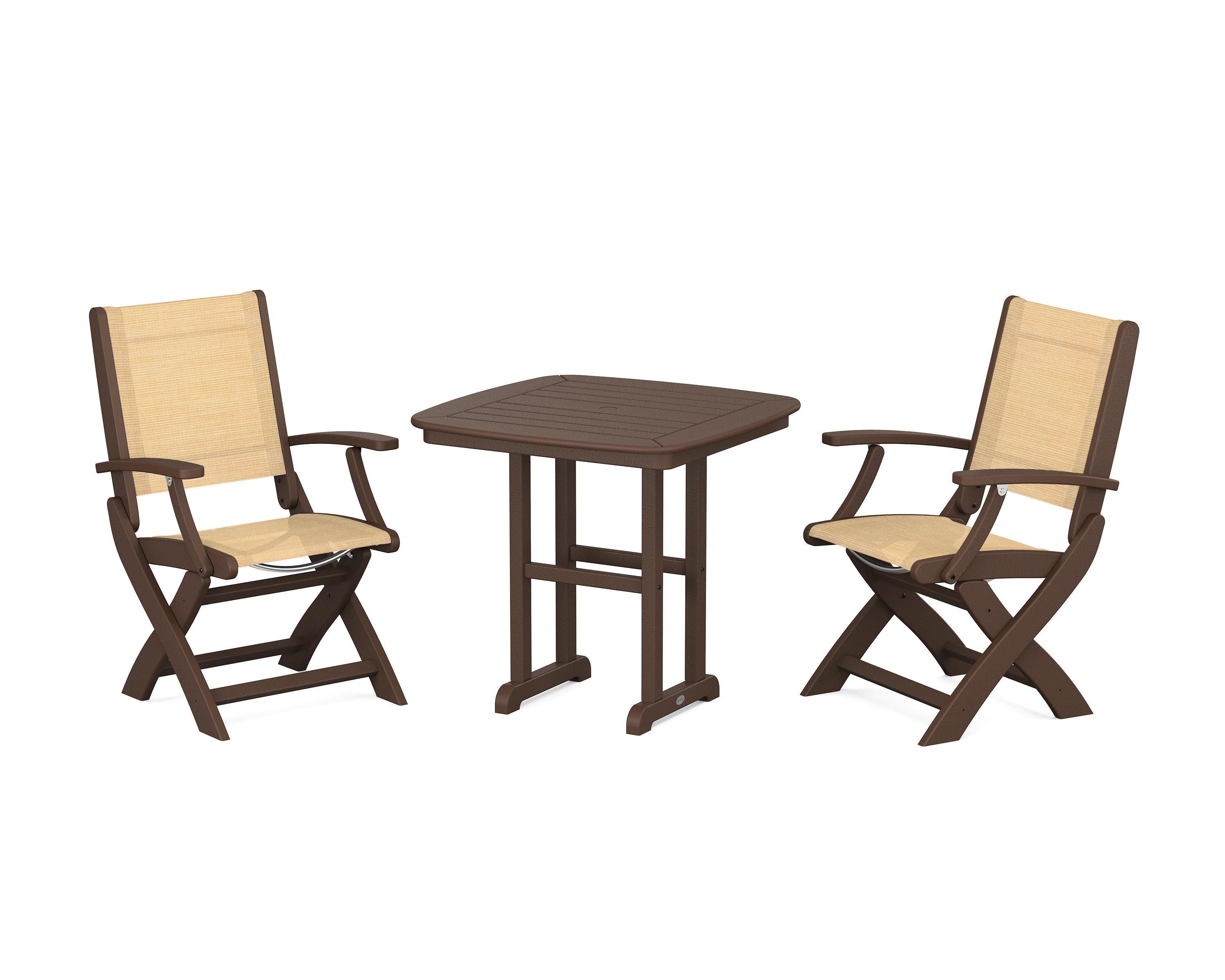 POLYWOOD Coastal Folding Chair 3-Piece Dining Set in Mahogany / Dupioni Apricot Sling