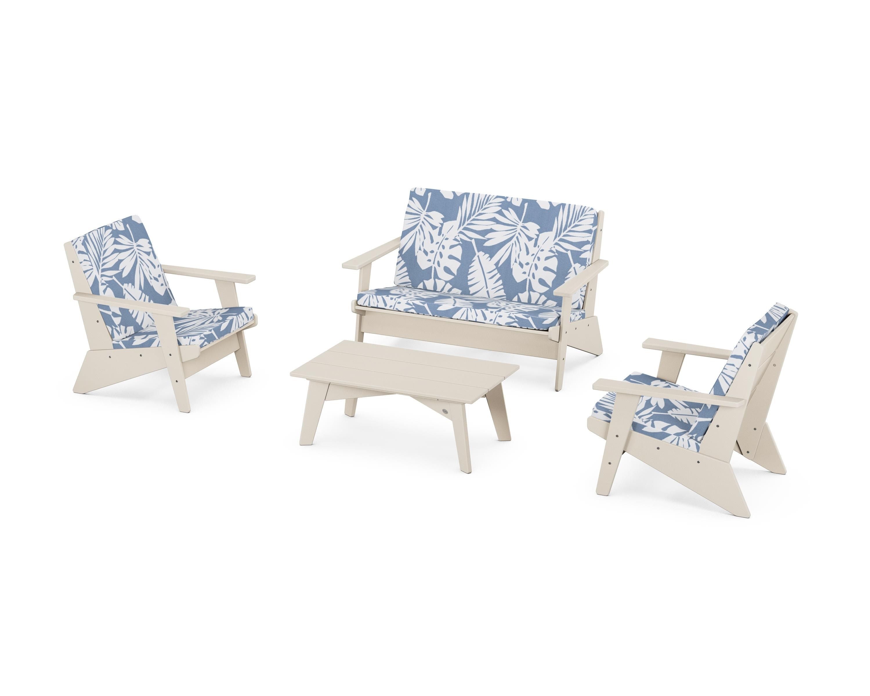 POLYWOOD Riviera Modern Lounge 4-Piece Set in Sand / Leaf Sky Blue