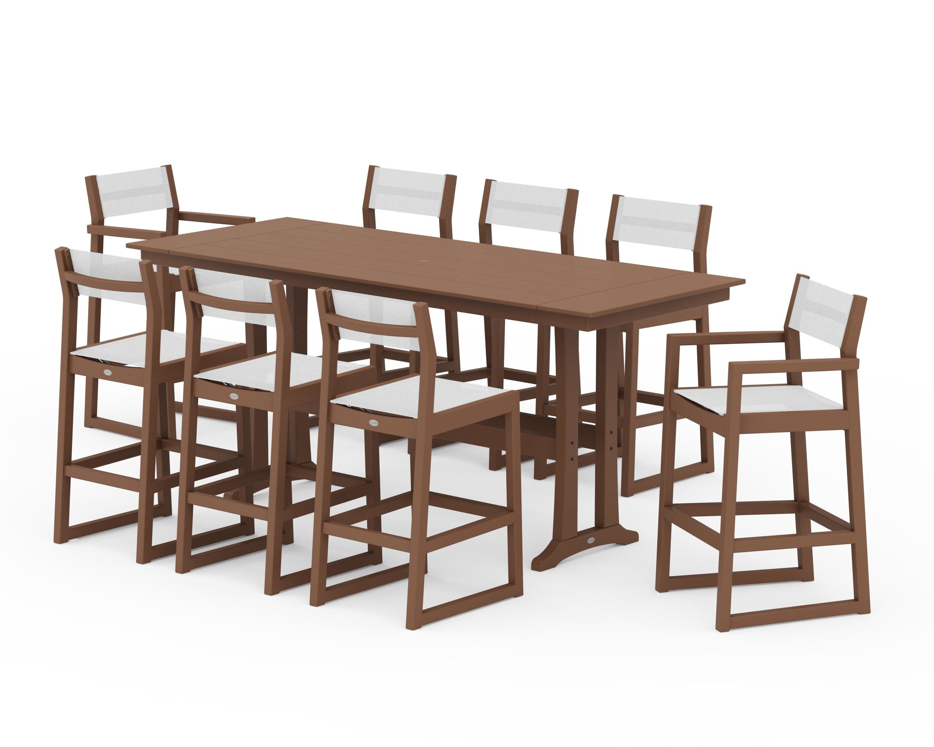 POLYWOOD EDGE Sling 9-Piece Farmhouse Bar Set with Trestle Legs in Teak / White Sling