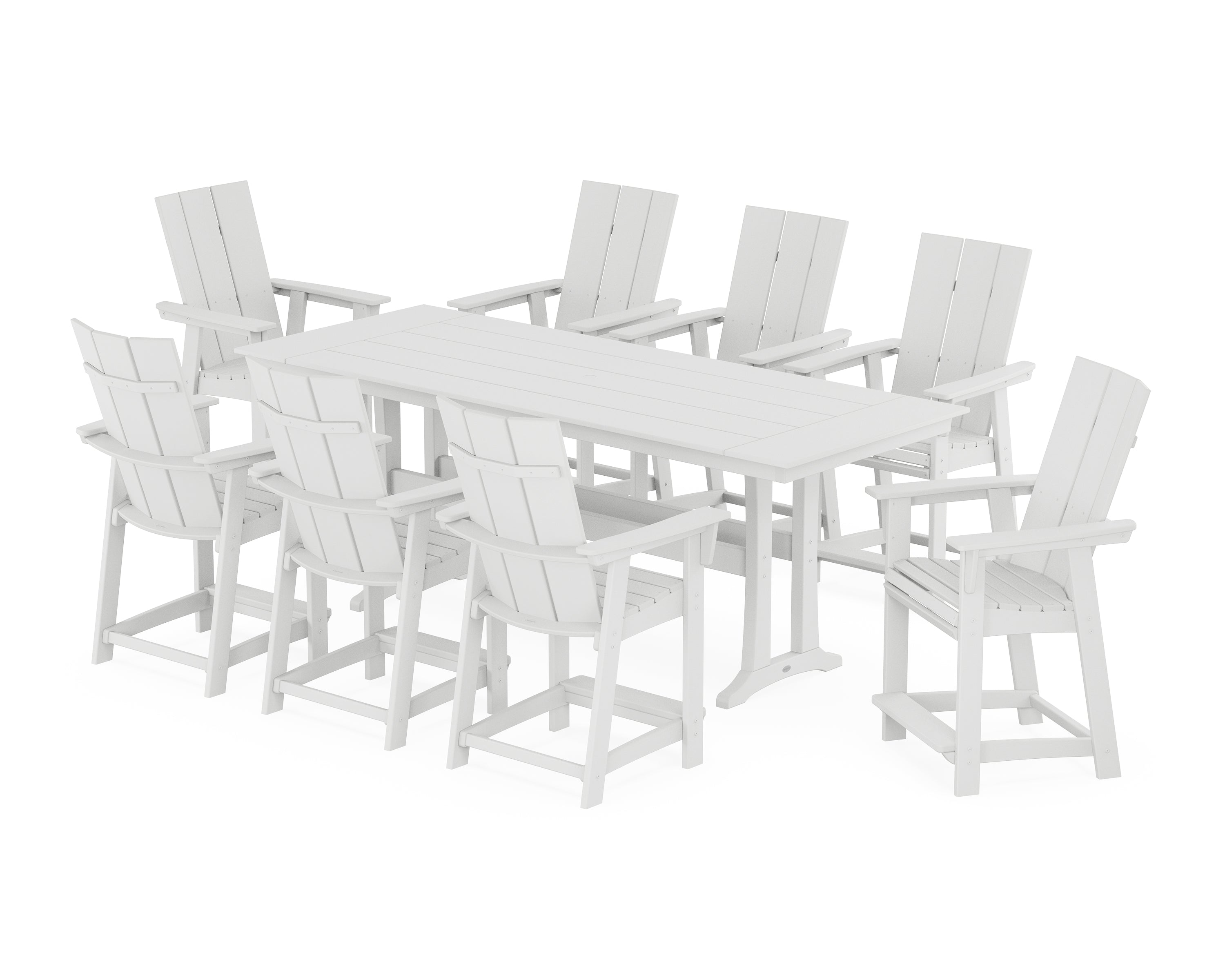 POLYWOOD Modern Curveback Adirondack 9-Piece Farmhouse Counter Set with Trestle Legs in White