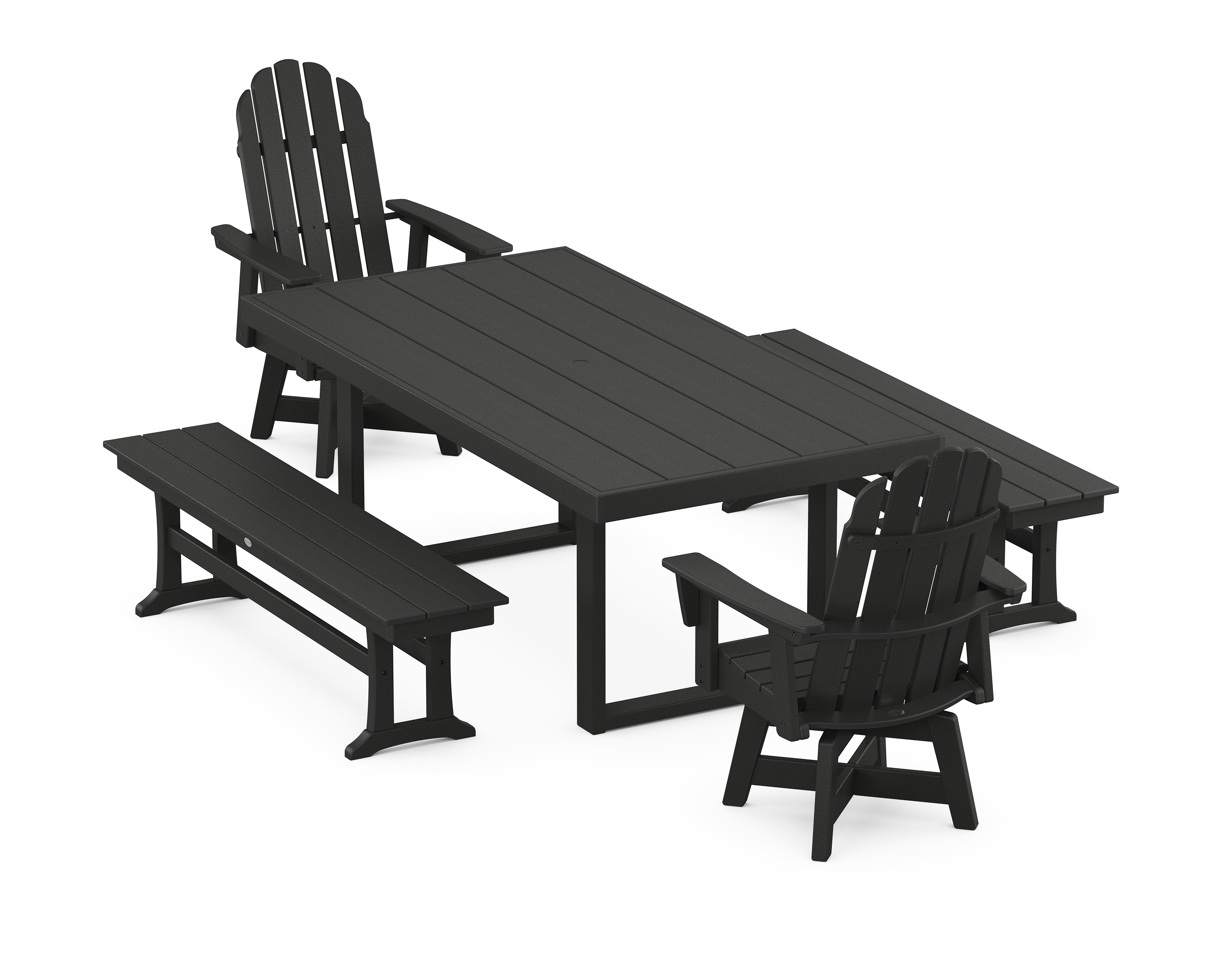 POLYWOOD Vineyard Curveback Adirondack Swivel Chair 5-Piece Dining Set with Benches in Black