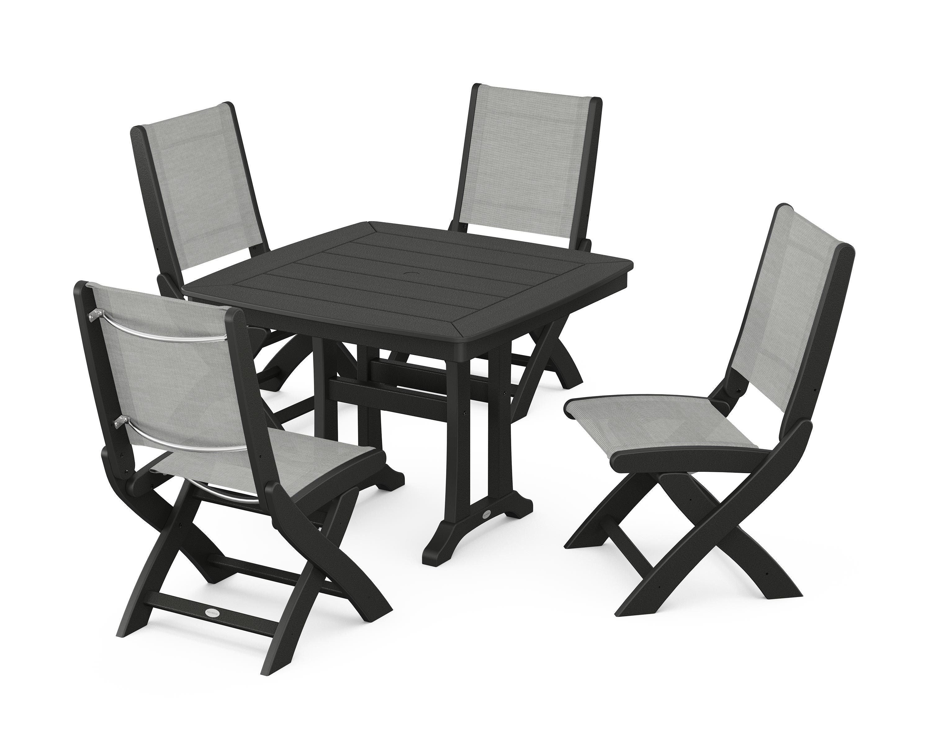 POLYWOOD Coastal Folding Side Chair 5-Piece Dining Set with Trestle Legs in Black / Metallic Sling