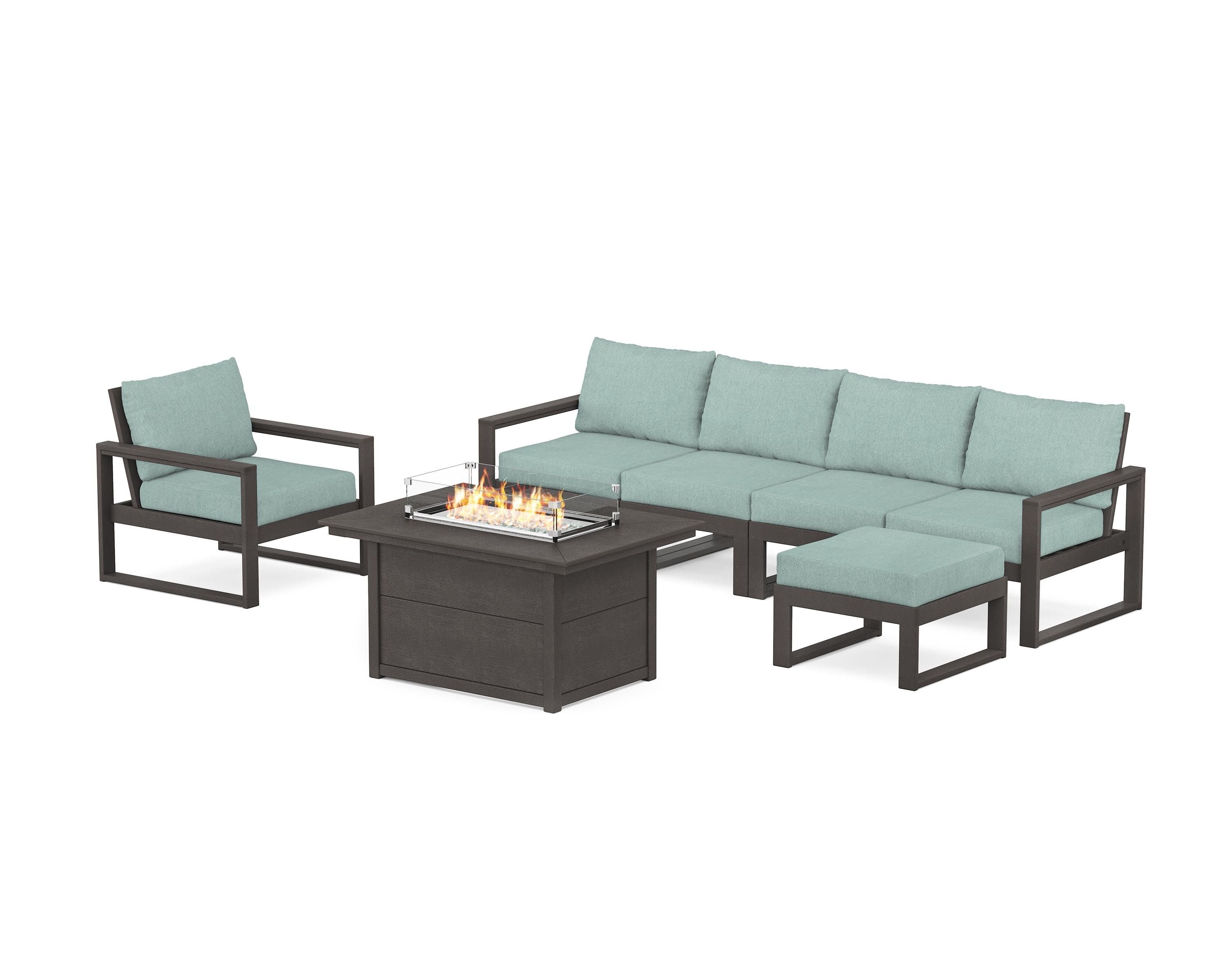 POLYWOOD EDGE Sectional Lounge and Fire Pit Set in Vintage Coffee / Glacier Spa